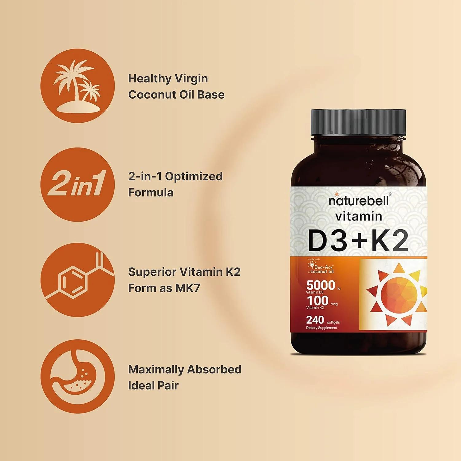 نچرال بل ویتامین D3 K2 (MK7) با روغن نارگیل بکر، 240 سافت ژل، ویتامین D3 5000 IU و K2 MK7 100mcg، پشتیبانی 2 در 1، Duo-Ack | تامین 8 ماهه | تست شده توسط شخص ثالث، غیر GMO و بدون گلوتن