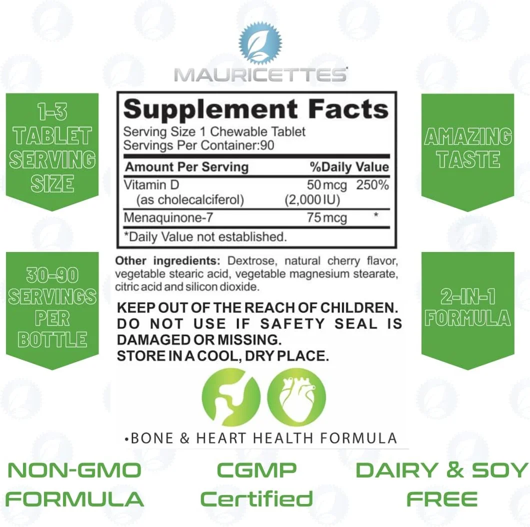 مکمل ویتامین D-3 جویدنی Mauricettes با ویتامین K-2 برای کودکان و بزرگسالان - 2000 واحد بین المللی ویتامین D3 و ویتامین K2 MK7 - 90 عدد قرص جویدنی غیر تراریخته مکمل ویتامین D-3 جویدنی Mauricettes با ویتامین K-2 برای کودکان و بزرگسالان - 2000 واحد بین المللی ویتامین D3 و ویتامین K2 MK7 - 90 عدد قرص جویدنی غیر تراریخته