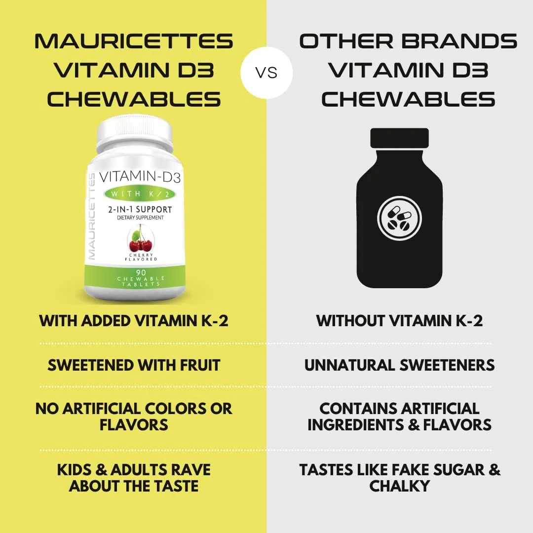 مکمل ویتامین D-3 جویدنی Mauricettes با ویتامین K-2 برای کودکان و بزرگسالان - 2000 واحد بین المللی ویتامین D3 و ویتامین K2 MK7 - 90 عدد قرص جویدنی غیر تراریخته مکمل ویتامین D-3 جویدنی Mauricettes با ویتامین K-2 برای کودکان و بزرگسالان - 2000 واحد بین المللی ویتامین D3 و ویتامین K2 MK7 - 90 عدد قرص جویدنی غیر تراریخته