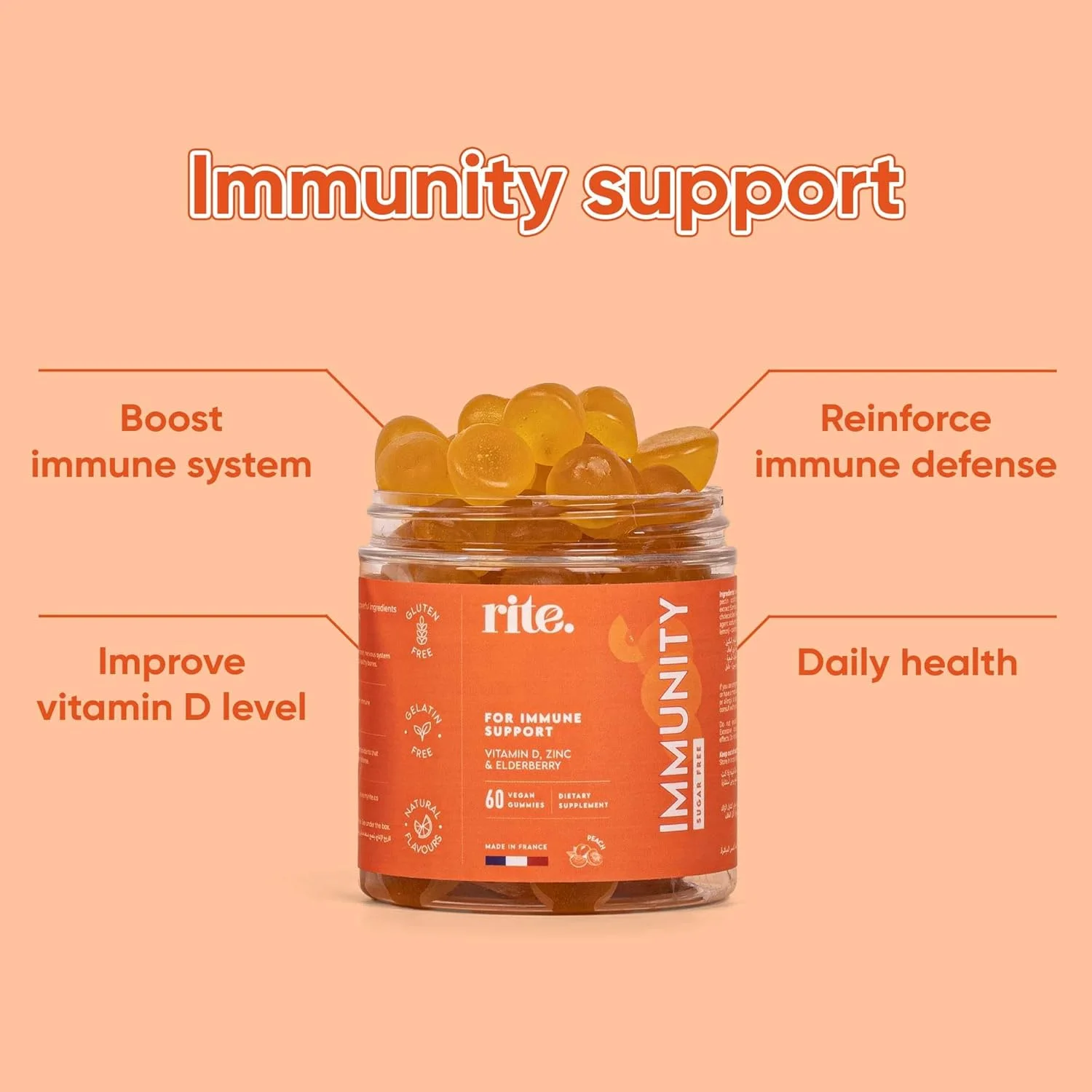 پاستیل های ویتامین بدون شکر تقویت سیستم ایمنی | 500% ارزش روزانه ویتامین D3، زینک و عصاره الدربری | برای تقویت سیستم ایمنی قوی و پوشش کمبود ویتامین D | 60 پاستیل گیاهی | طعم طبیعی هلو پاستیل های ویتامین بدون شکر تقویت سیستم ایمنی | 500% ارزش روزانه ویتامین D3، زینک و عصاره الدربری | برای تقویت سیستم ایمنی قوی و پوشش کمبود ویتامین D | 60 پاستیل گیاهی | طعم طبیعی هلو