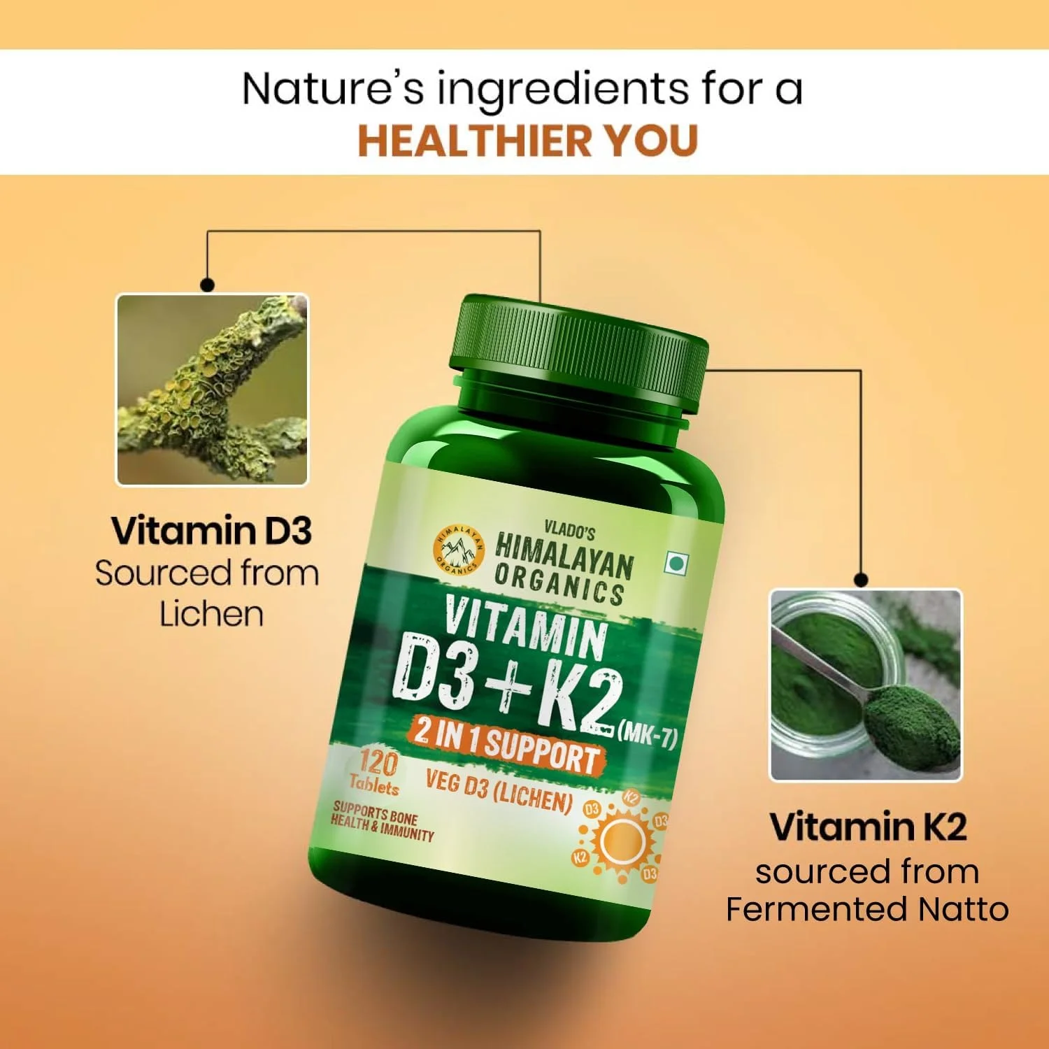 مکمل ویتامین D3 600 IU + K2 به شکل MK7 هیمالیان ارگانیکس | پشتیبانی از ایمنی قوی تر و سلامت استخوان و قلب | قلب سالم برای مردان و زنان - 120 قرص گیاهی مکمل ویتامین D3 600 IU + K2 به شکل MK7 هیمالیان ارگانیکس | پشتیبانی از ایمنی قوی تر و سلامت استخوان و قلب | قلب سالم برای مردان و زنان - 120 قرص گیاهی
