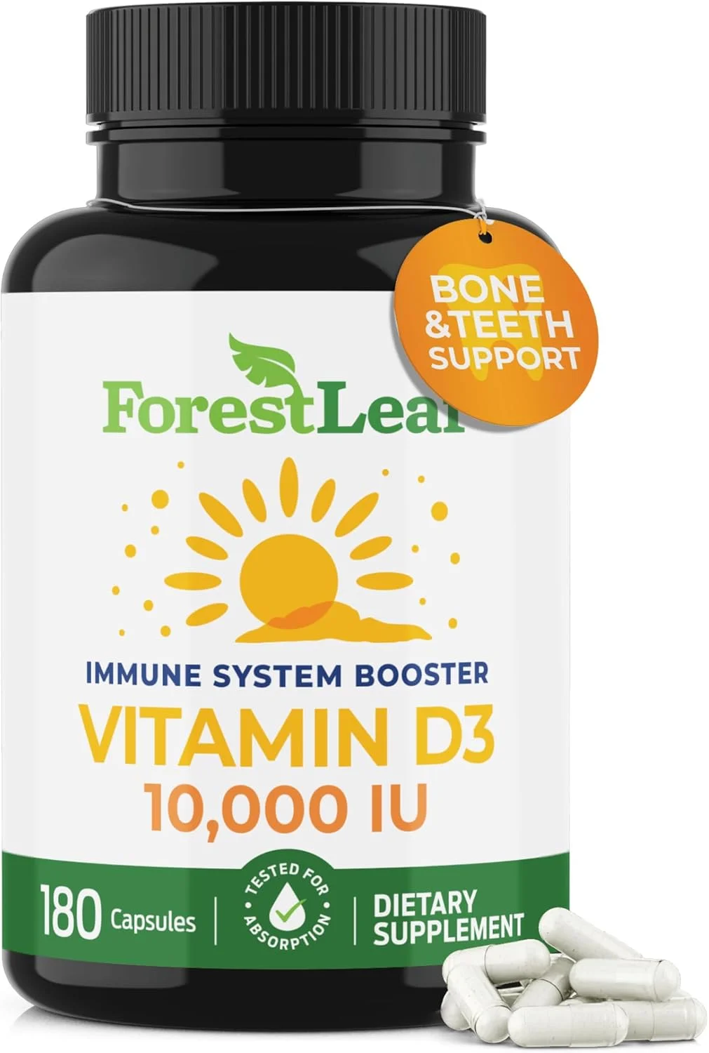 ForestLeaf - مکمل ویتامین D3 10000 واحد بین المللی هفتگی - 180 کپسول ویتامین D گیاهی برای استخوان ها، دندان ها و حمایت از سیستم ایمنی - کپسول های ویتامین D3 خالص با بلع آسان 10000 واحد بین المللی - قرص های غیر GMO