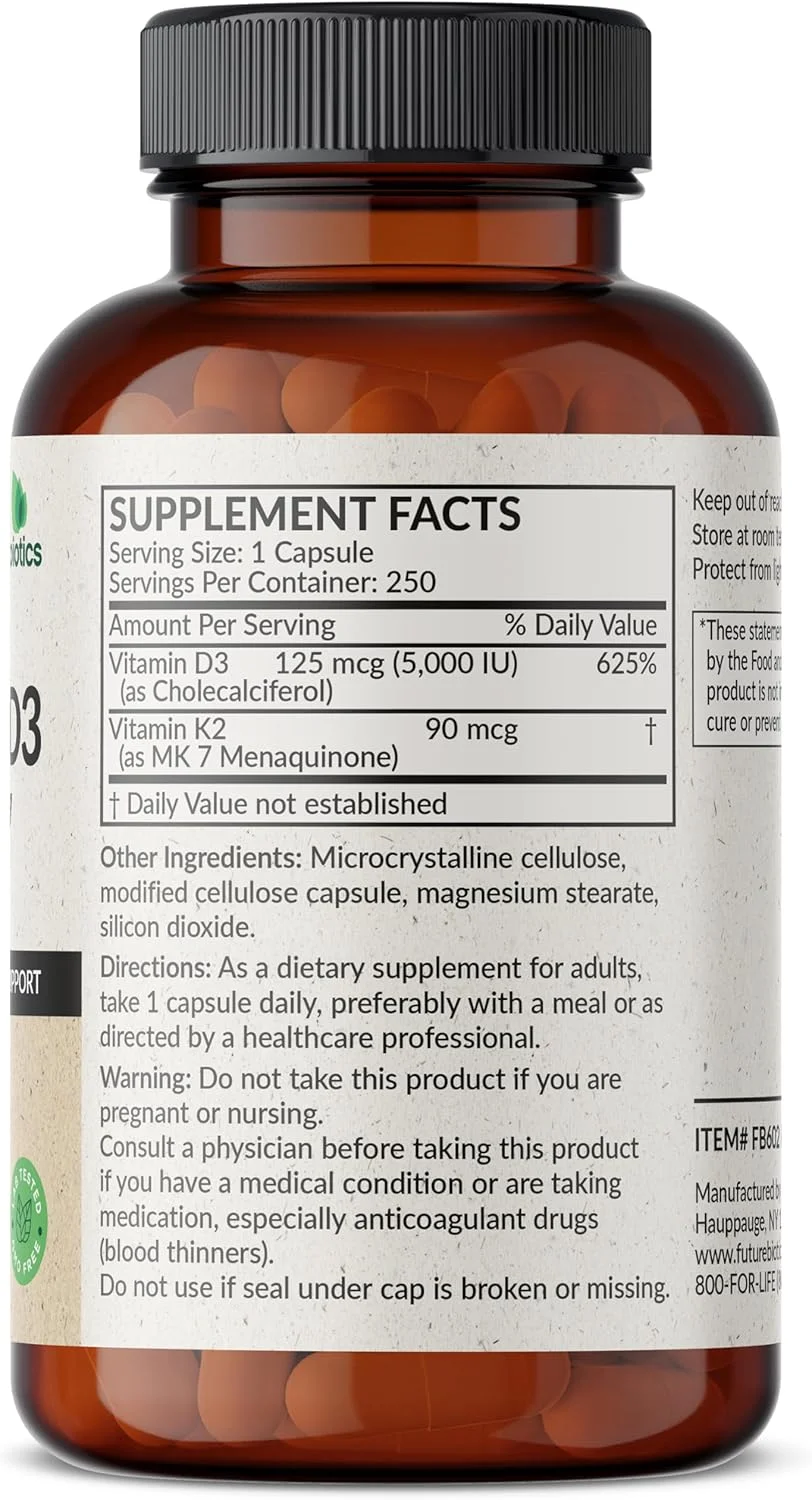 Futurebiotics Vitamin K2 (MK7) with D3 Supplement - Bone and Heart Health Non-GMO Formula - 5000 IU Vitamin D3 & 90 mcg Vitamin K2 MK-7, 250 Vegetarian Capsules Futurebiotics Vitamin K2 (MK7) with D3 Supplement - Bone and Heart Health Non-GMO Formula - 5000 IU Vitamin D3 & 90 mcg Vitamin K2 MK-7, 250 Vegetarian Capsules