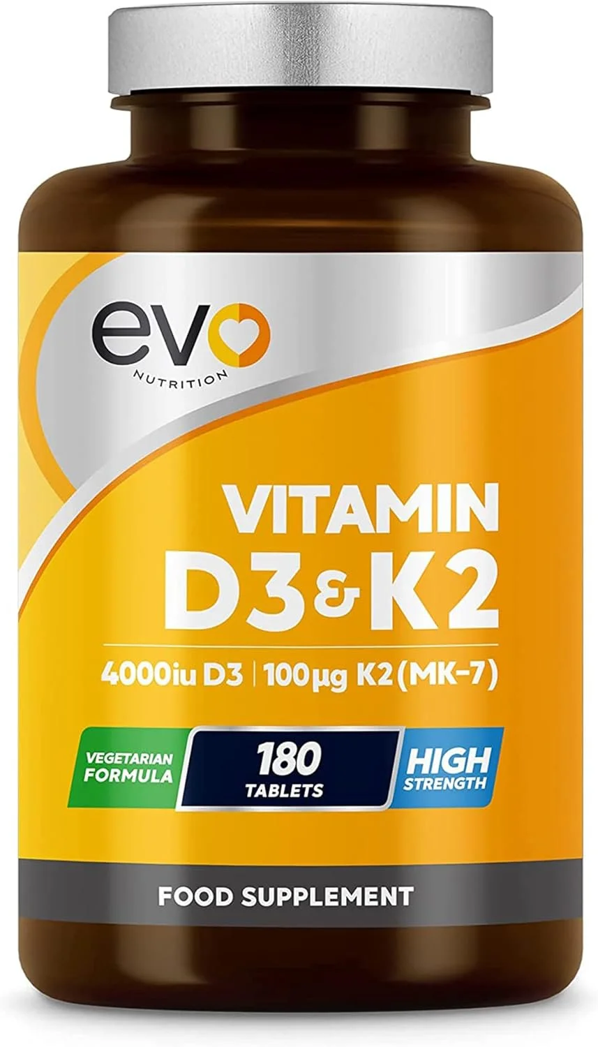 EVO NUTRITION ویتامین D3 4000iu و ویتامین K2 100ug (MK7) | 180 قرص گیاهی | روزانه 1 عدد | تامین 6 ماهه | ویتامین D3 و K2 با قدرت بالا | مکمل ویتامین D K2 | ساخت انگلستان