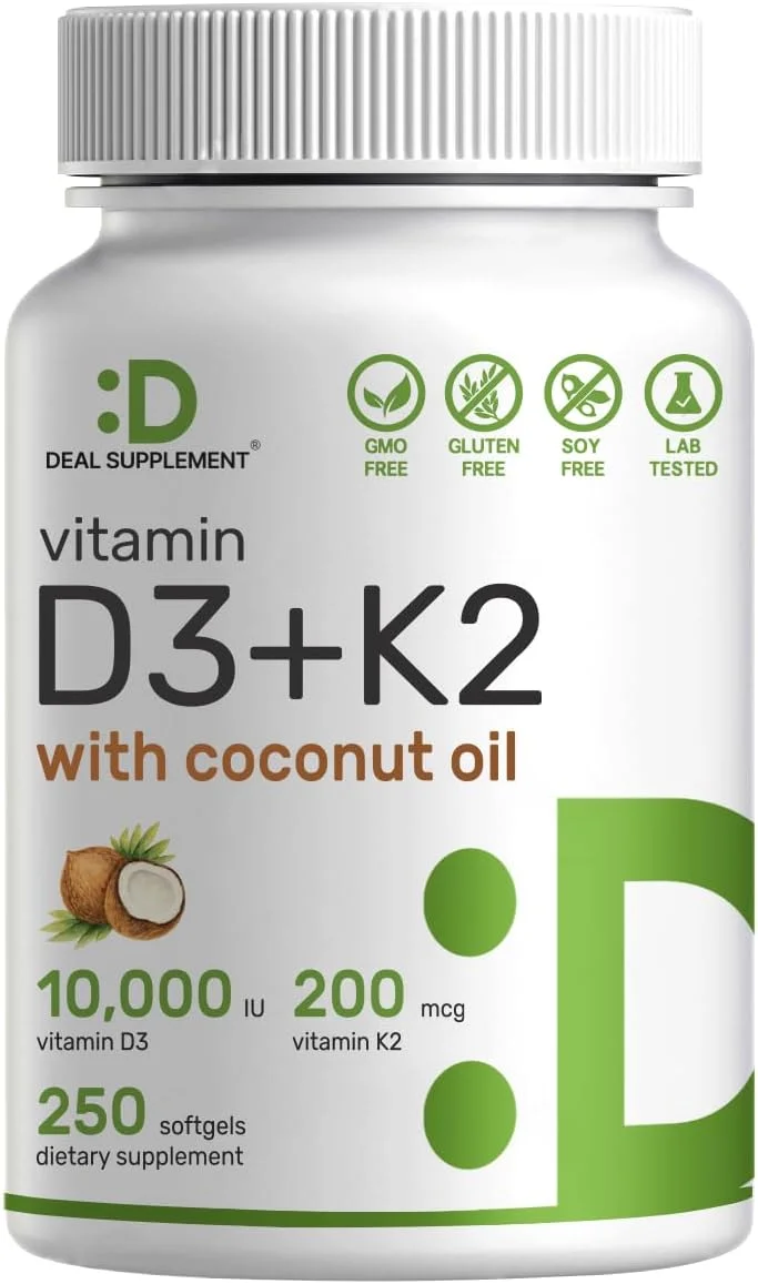 مکمل ویتامین D3 10000 واحد بین المللی + K2 MK7 200 میکروگرم، غنی شده با روغن نارگیل بکر، 250 سافت ژل، ویتامین D و K با قدرت دو برابر، تقویت سلامت قلب، استخوان و دندان - بلع بسیار آسان