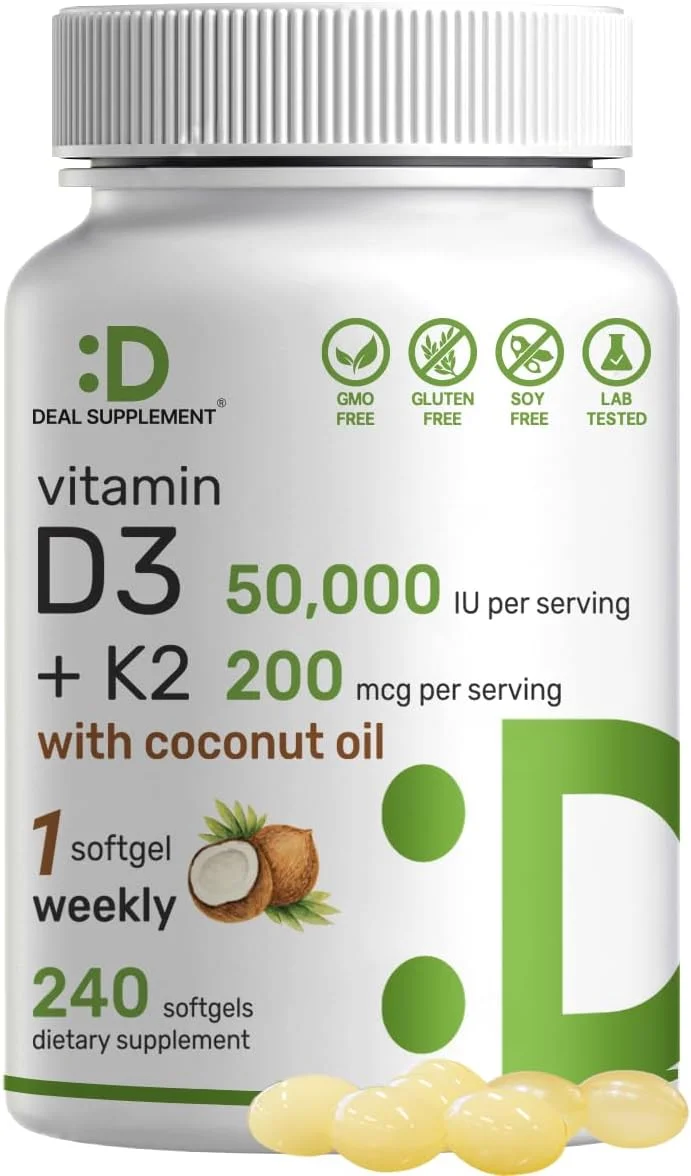 مکمل ویتامین D3 با دوز 50000 واحد بین المللی + K2 MK7 با دوز 200 میکروگرم، 240 سافت ژل | روغن نارگیل بکر، حداکثر قدرت ویتامین D و K، کمک به سلامت قلب، استخوان و دندان - یک سافت ژل در هفته، بلع آسان