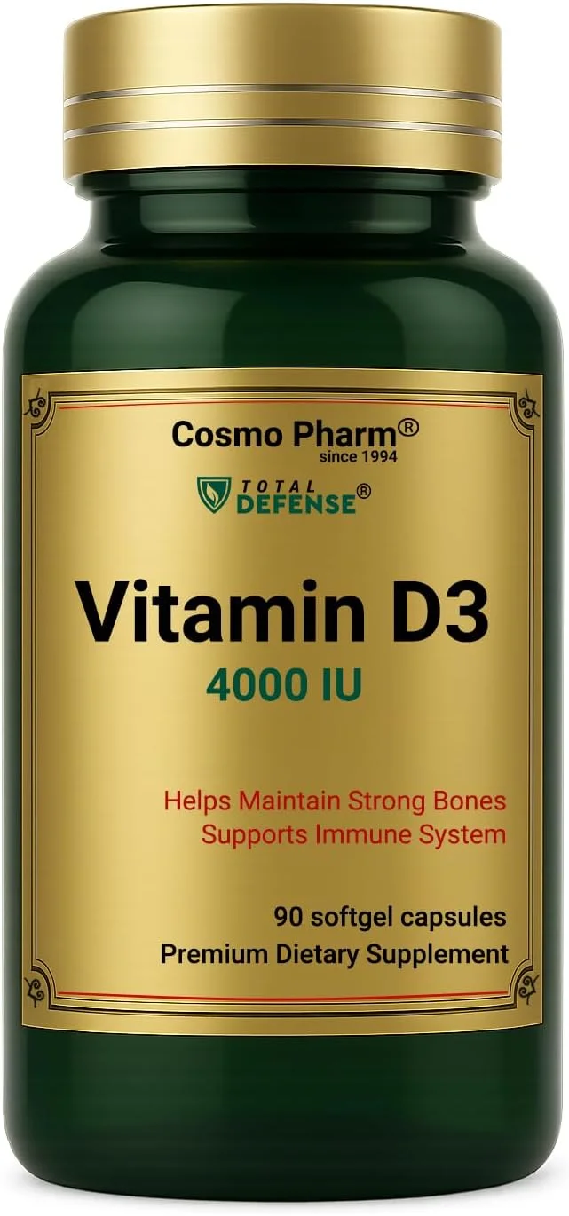 کپسول های ژلاتینی ویتامین D3 4000 واحد بین المللی COSMO PHARM - 90 عدد - مکمل ویتامین D3 حاوی کوله کلسیفرول - فرمت روزانه 4000 واحد بین المللی - غیر تراریخته - بدون گلوتن، بدون سویا، بدون شکر