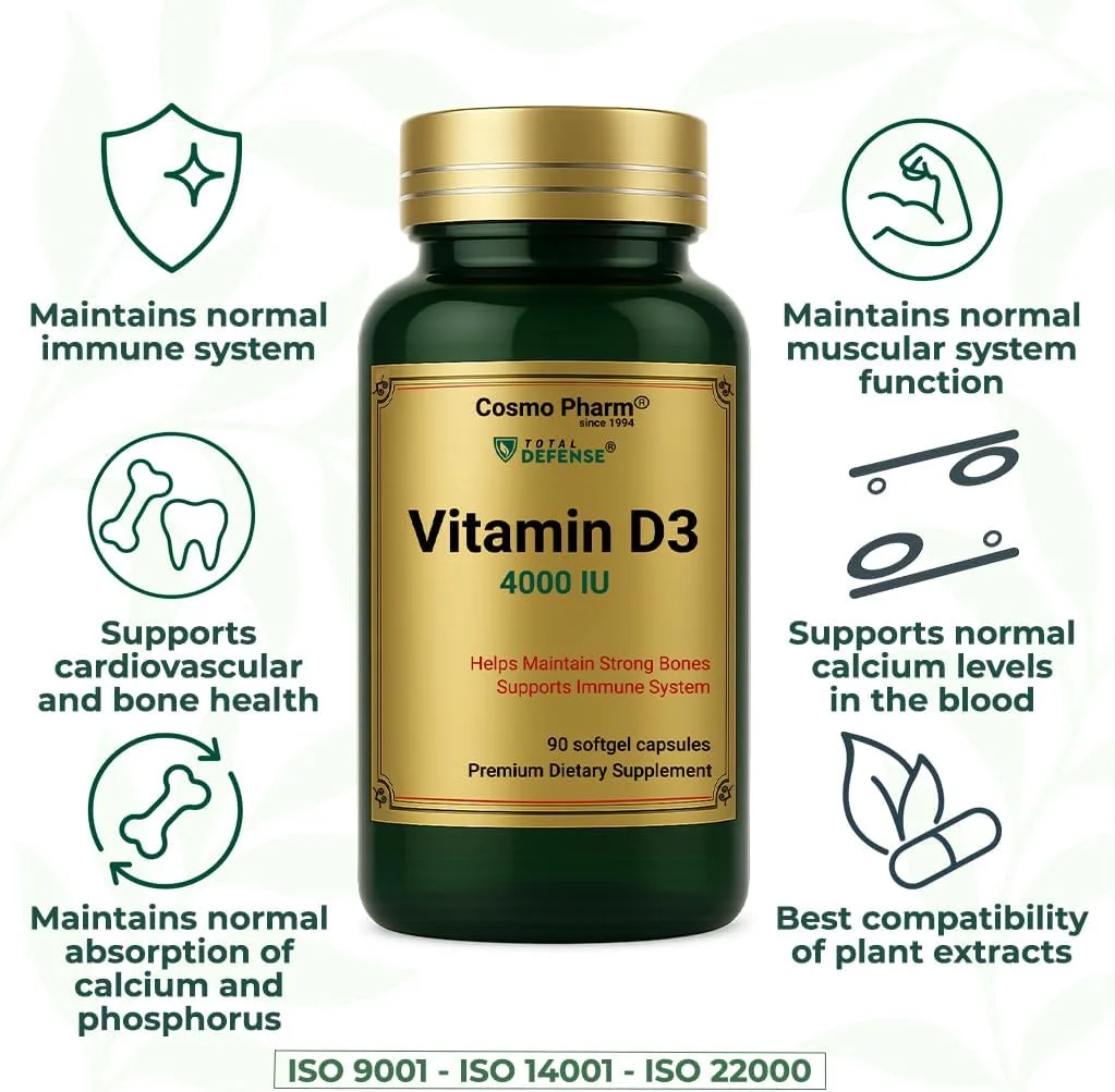کپسول های ژلاتینی ویتامین D3 4000 واحد بین المللی COSMO PHARM - 90 عدد - مکمل ویتامین D3 حاوی کوله کلسیفرول - فرمت روزانه 4000 واحد بین المللی - غیر تراریخته - بدون گلوتن، بدون سویا، بدون شکر کپسول های ژلاتینی ویتامین D3 4000 واحد بین المللی COSMO PHARM - 90 عدد - مکمل ویتامین D3 حاوی کوله کلسیفرول - فرمت روزانه 4000 واحد بین المللی - غیر تراریخته - بدون گلوتن، بدون سویا، بدون شکر