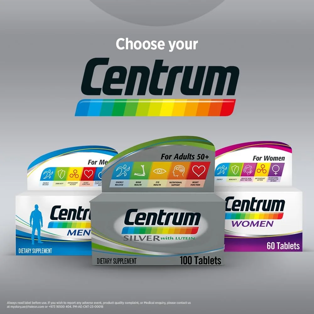 Centrum Silver 50 Plus، مولتی ویتامین، لوتئین، با ویتامین C، ویتامین D، روی و کمپلکس ویتامین B، منیزیم و سایر مواد، تقویت سلامت قلب، تقویت ایمنی، 100 قرص Centrum Silver 50 Plus، مولتی ویتامین، لوتئین، با ویتامین C، ویتامین D، روی و کمپلکس ویتامین B، منیزیم و سایر مواد، تقویت سلامت قلب، تقویت ایمنی، 100 قرص