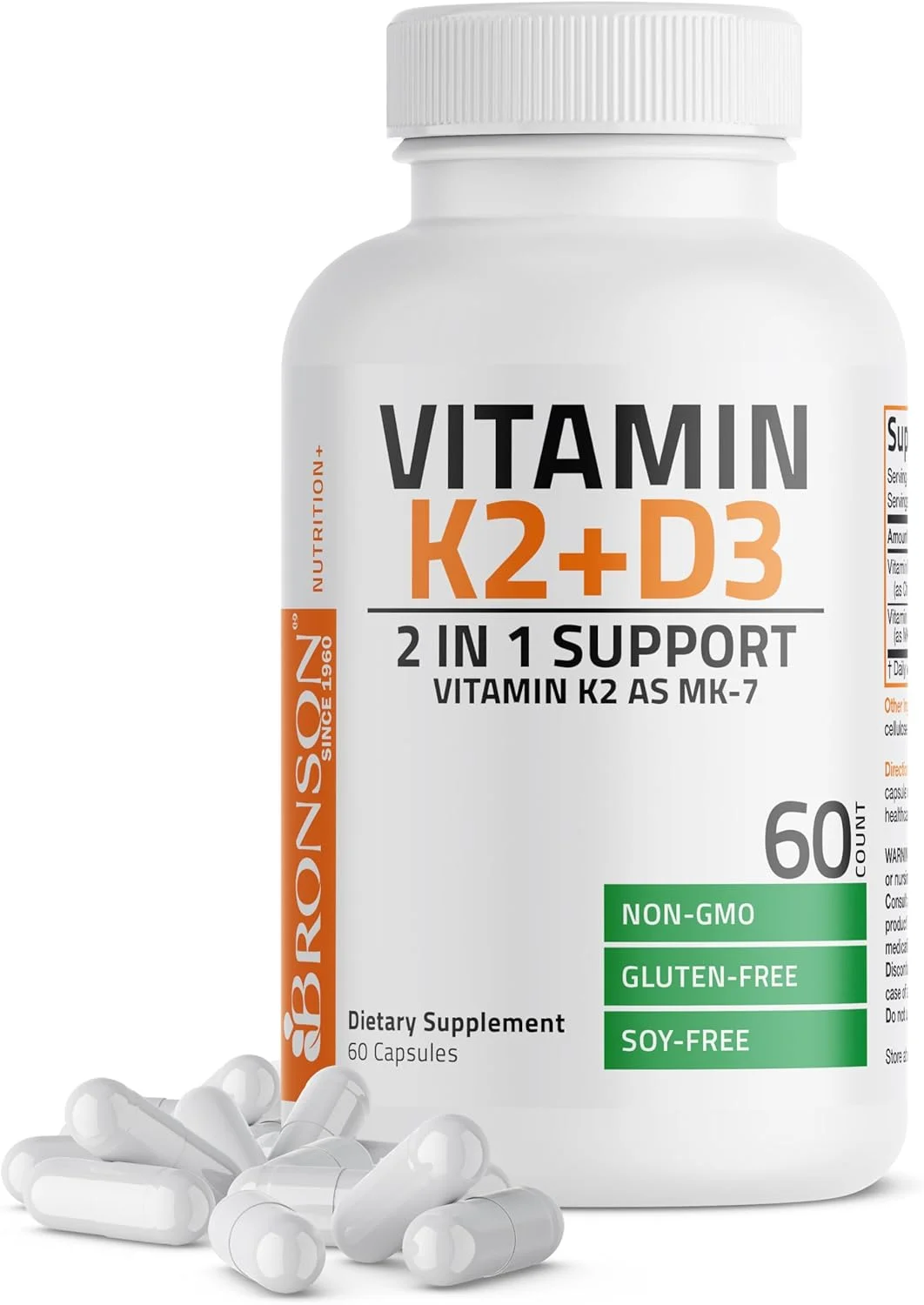 مکمل ویتامین K2 (MK7) به همراه D3 برونسون - فرمول غیر GMO و بدون گلوتن ممتاز، 60 کپسول مکمل ویتامین K2 (MK7) به همراه D3 برونسون - فرمول غیر GMO و بدون گلوتن ممتاز، 60 کپسول