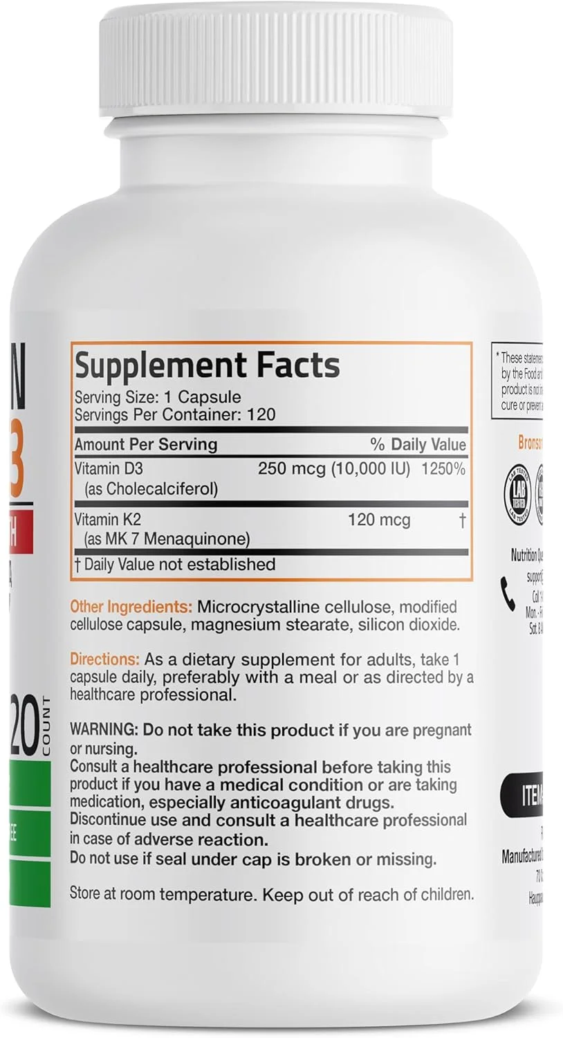 برونسون ویتامین K2 (MK7) با D3، مکمل فوق العاده قوی برای سلامت استخوان و قلب، فرمول غیر تراریخته، 10000 واحد بین المللی ویتامین D3 و 120 میکروگرم ویتامین K2 MK-7، بلع آسان ویتامین D و K، 120 کپسول برونسون ویتامین K2 (MK7) با D3، مکمل فوق العاده قوی برای سلامت استخوان و قلب، فرمول غیر تراریخته، 10000 واحد بین المللی ویتامین D3 و 120 میکروگرم ویتامین K2 MK-7، بلع آسان ویتامین D و K، 120 کپسول