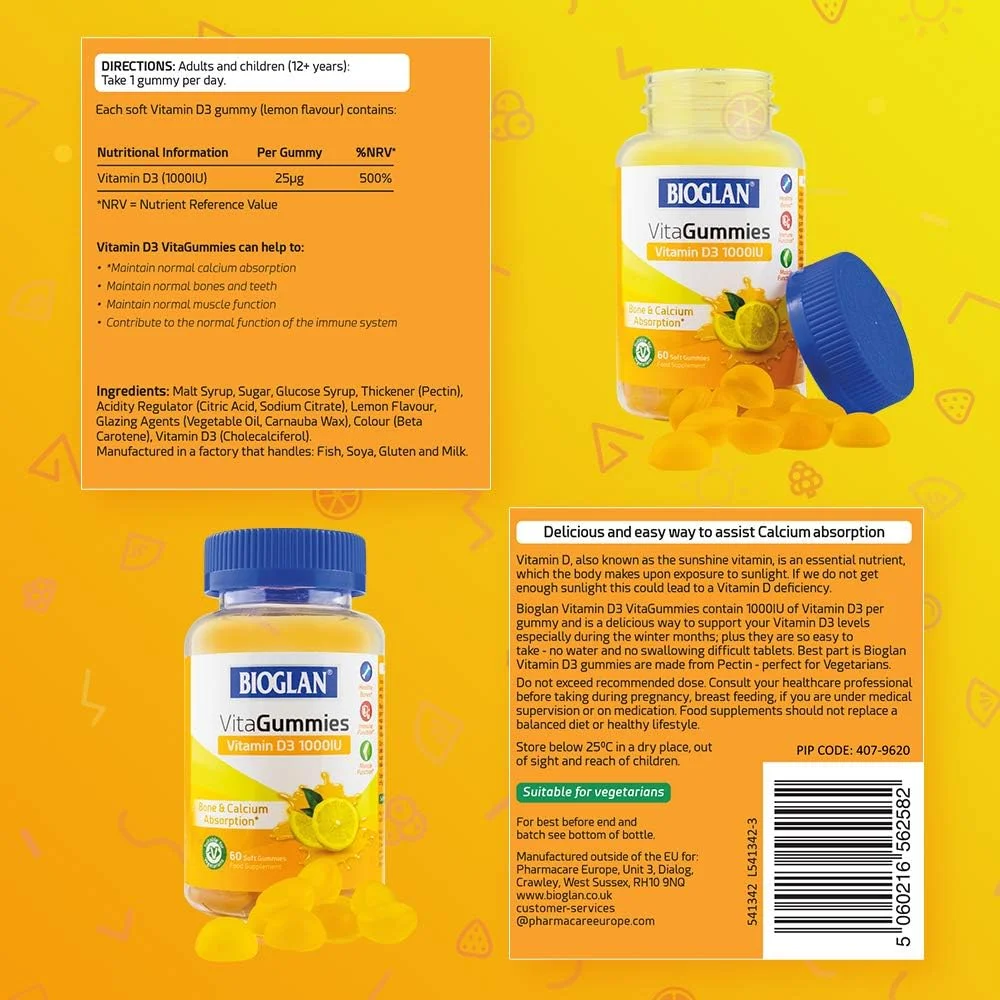 مکمل های ویتامین D3 ویتاگامی بایوگلن | 60 پاستیل گیاهی با طعم لیمو | تقویت استخوان و سیستم ایمنی