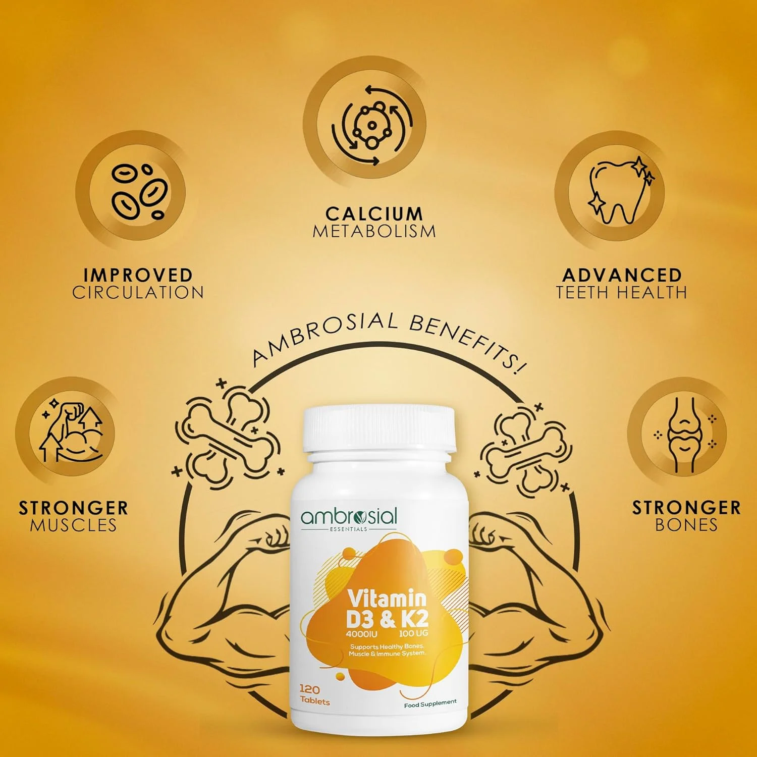 قرص های ویتامین D3 و K2 آمبروسیال 4000IU ویتامین D3 + 100 میکروگرم ویتامین K2 MK-7 برای استخوان ها و عضلات سالم و حمایت از سیستم ایمنی - 120 قرص قرص های ویتامین D3 و K2 آمبروسیال 4000IU ویتامین D3 + 100 میکروگرم ویتامین K2 MK-7 برای استخوان ها و عضلات سالم و حمایت از سیستم ایمنی - 120 قرص