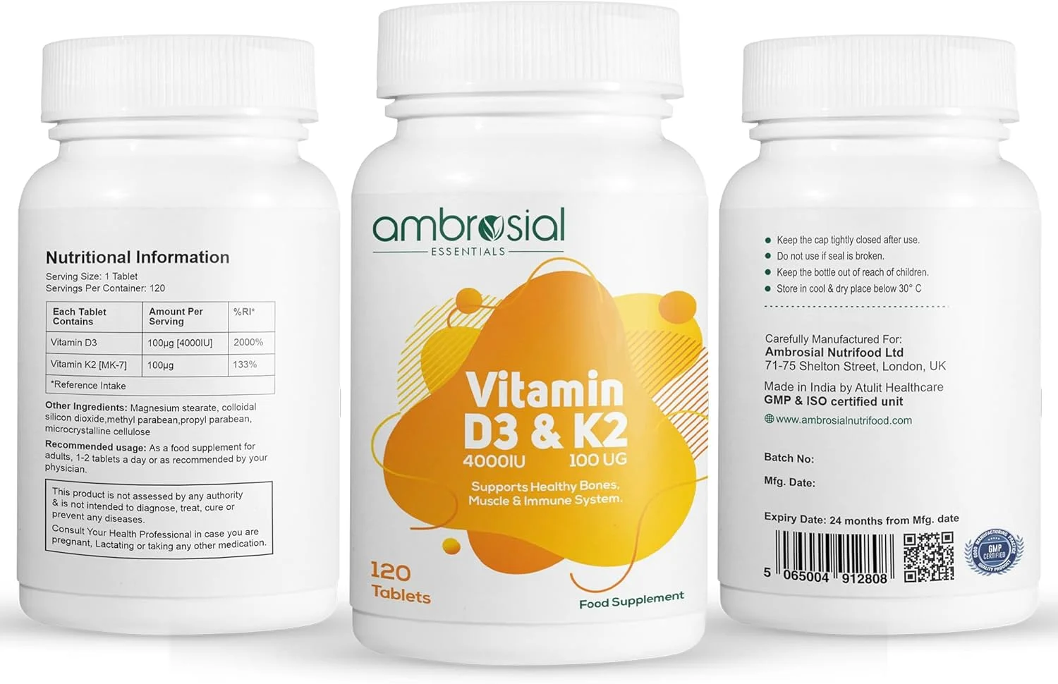 قرص های ویتامین D3 و K2 آمبروسیال 4000IU ویتامین D3 + 100 میکروگرم ویتامین K2 MK-7 برای استخوان ها و عضلات سالم و حمایت از سیستم ایمنی - 120 قرص قرص های ویتامین D3 و K2 آمبروسیال 4000IU ویتامین D3 + 100 میکروگرم ویتامین K2 MK-7 برای استخوان ها و عضلات سالم و حمایت از سیستم ایمنی - 120 قرص