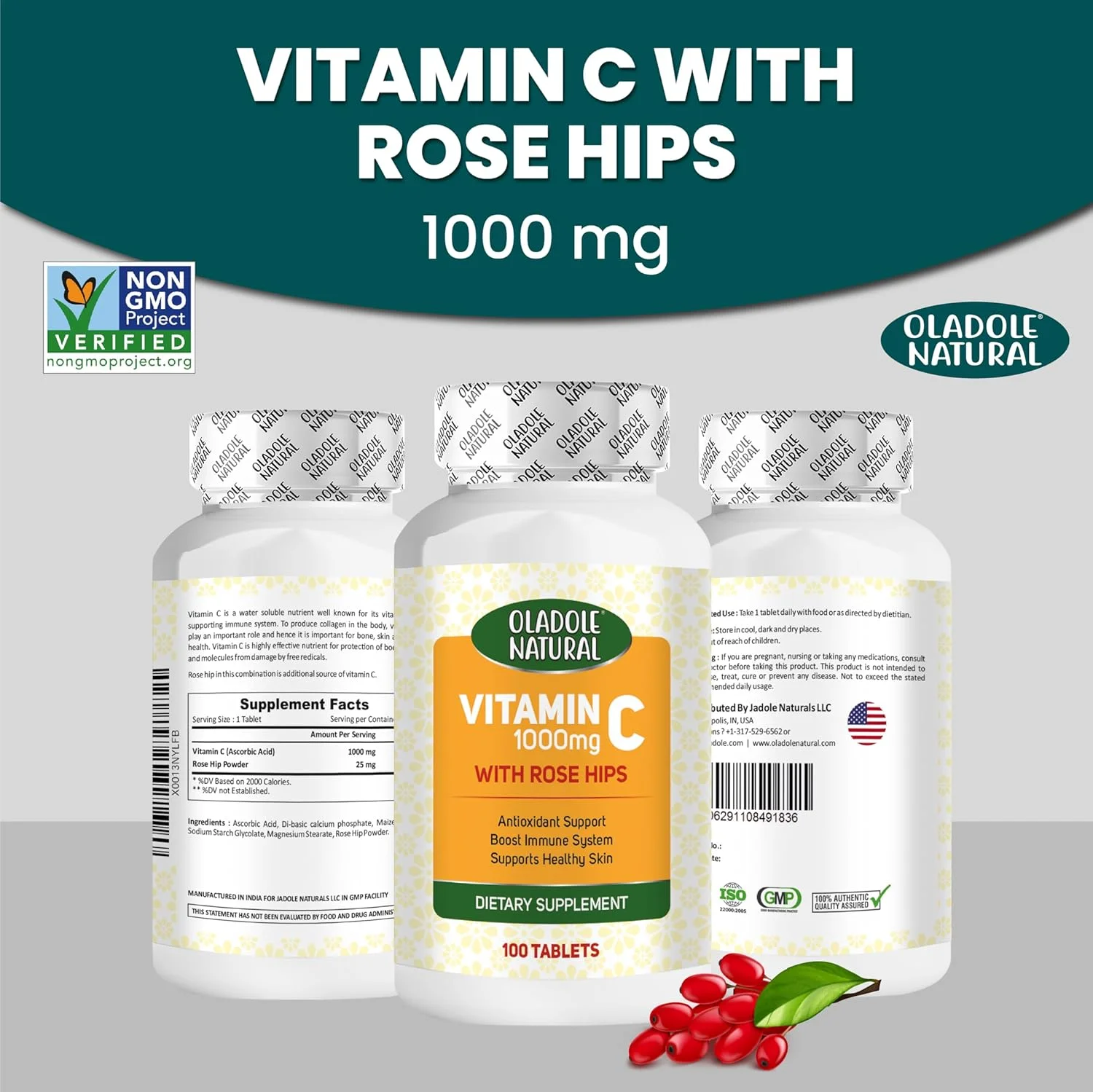 اولادول ویتامین C طبیعی با گل رز - 1000 میلی گرم (100 قرص) | پشتیبانی از سیستم ایمنی، آنتی اکسیدان قوی، افزایش تولید کلاژن، پشتیبانی از سلامت پوست، انرژی و سلامت قلب | غیر GMO، بدون گلوتن اولادول ویتامین C طبیعی با گل رز - 1000 میلی گرم (100 قرص) | پشتیبانی از سیستم ایمنی، آنتی اکسیدان قوی، افزایش تولید کلاژن، پشتیبانی از سلامت پوست، انرژی و سلامت قلب | غیر GMO، بدون گلوتن