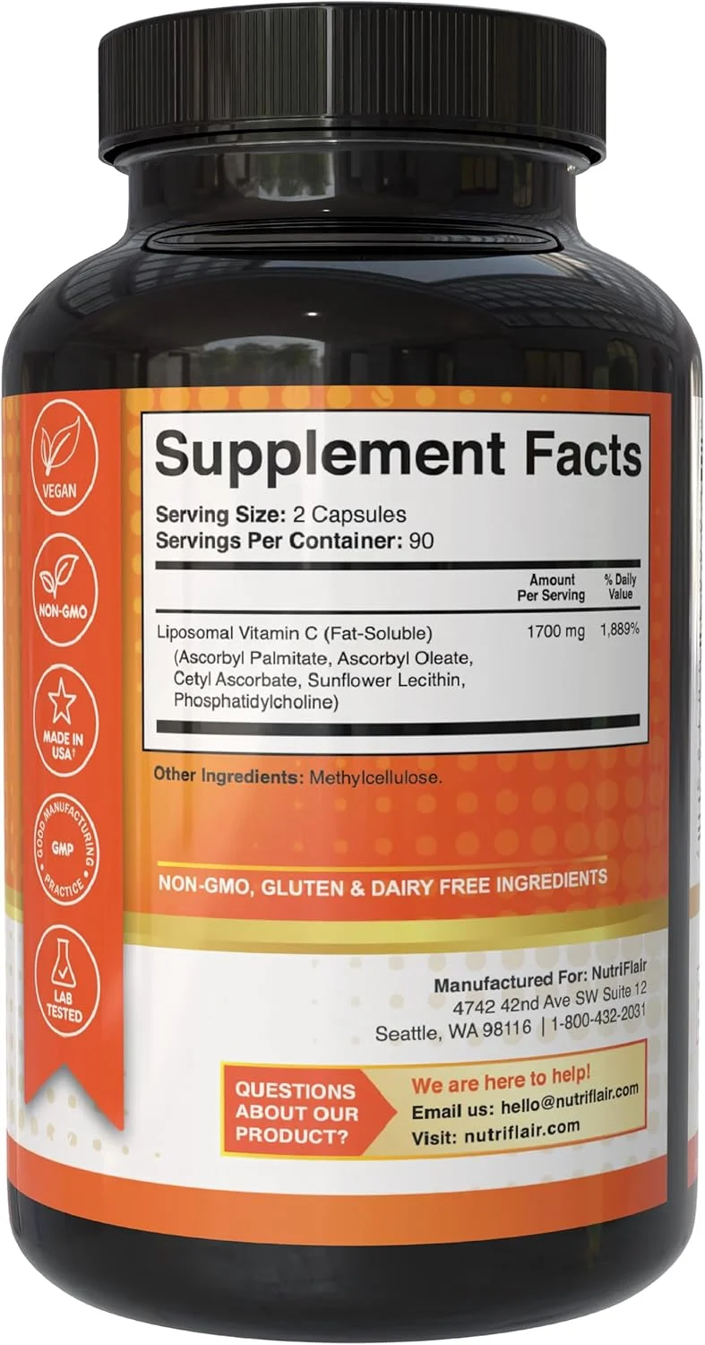 ویتامین C لیپوزومال NutriFlair (1700 میلی گرم، 180 کپسول) غیر GMO، قرص های وگان ویتامین C لیپوزومال NutriFlair (1700 میلی گرم، 180 کپسول) غیر GMO، قرص های وگان