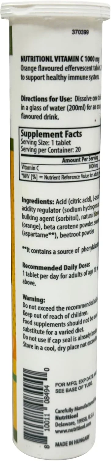 ویتامین C 1000 میلی گرم نوتریشنل | تقویت کننده سیستم ایمنی | آنتی اکسیدان قوی | پوست سالم و درخشان | پشتیبانی از جذب آهن | بدون شکر | طعم پرتقال | 20 قرص