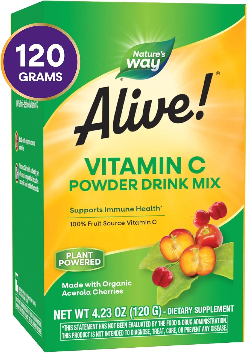 مخلوط پودر نوشیدنی ویتامین C منبع میوه Nature's Way Alive، میوه آسرولا ارگانیک، 120 گرم