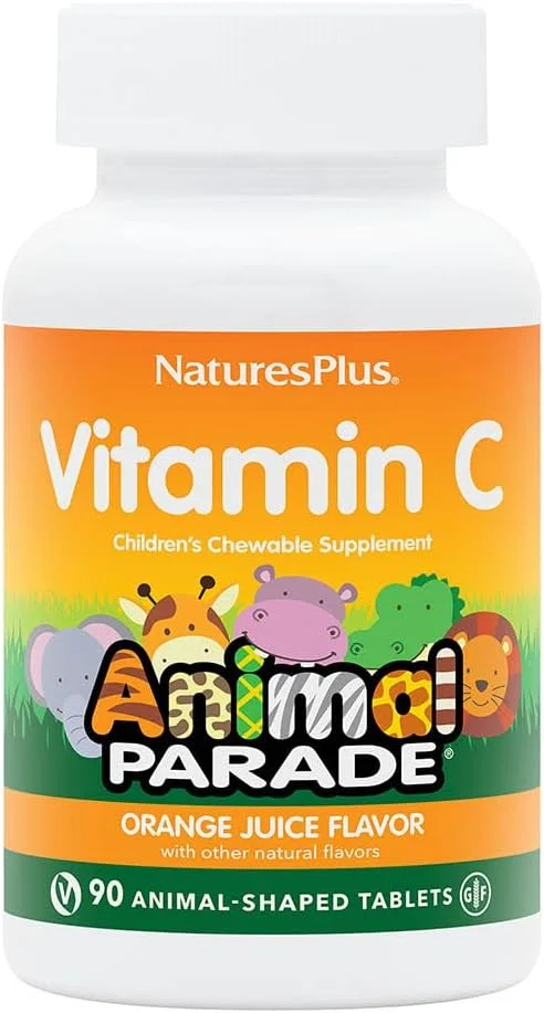Nature's Plus Vitamin C Children Chewable Supplement, 90 Tablets Animal Parade Shaped Orange Juice Flavor - For Kids Daily Health Routine, Gluten-Free