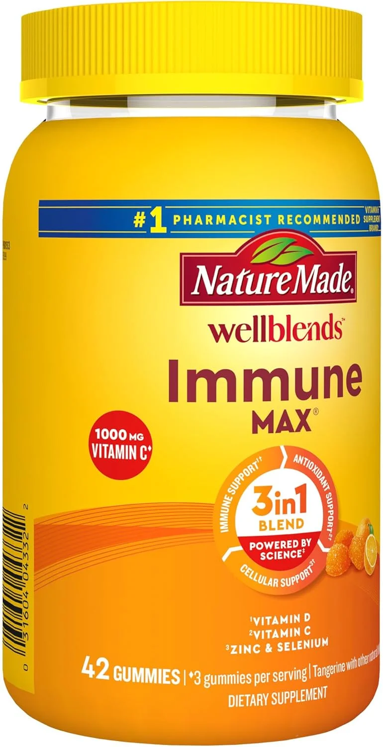 پاستیل تقویت سیستم ایمنی Nature Made Wellblends ImmuneMAX، ویتامین C 1000 میلی گرم + زینک، سلنیوم و ویتامین D3 5000 IU، مکمل تقویت کننده سیستم ایمنی، 42 عدد پاستیل تقویت سیستم ایمنی Nature Made Wellblends ImmuneMAX، ویتامین C 1000 میلی گرم + زینک، سلنیوم و ویتامین D3 5000 IU، مکمل تقویت کننده سیستم ایمنی، 42 عدد