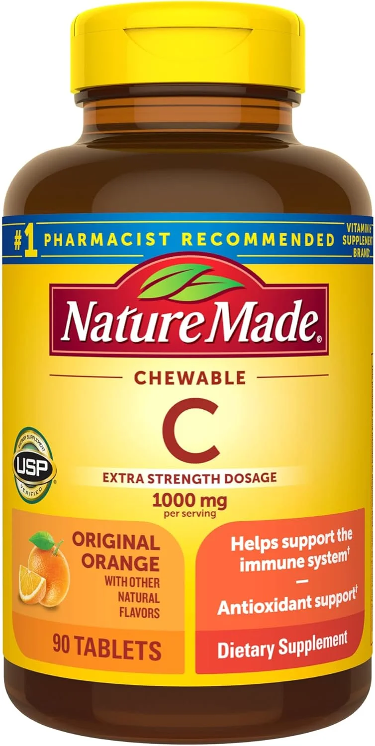 Nature Made ویتامین C جویدنی با دوز فوق العاده قوی 1000 میلی گرم در هر وعده، مکمل غذایی برای حمایت از سیستم ایمنی، 90 قرص، تامین 45 روزه