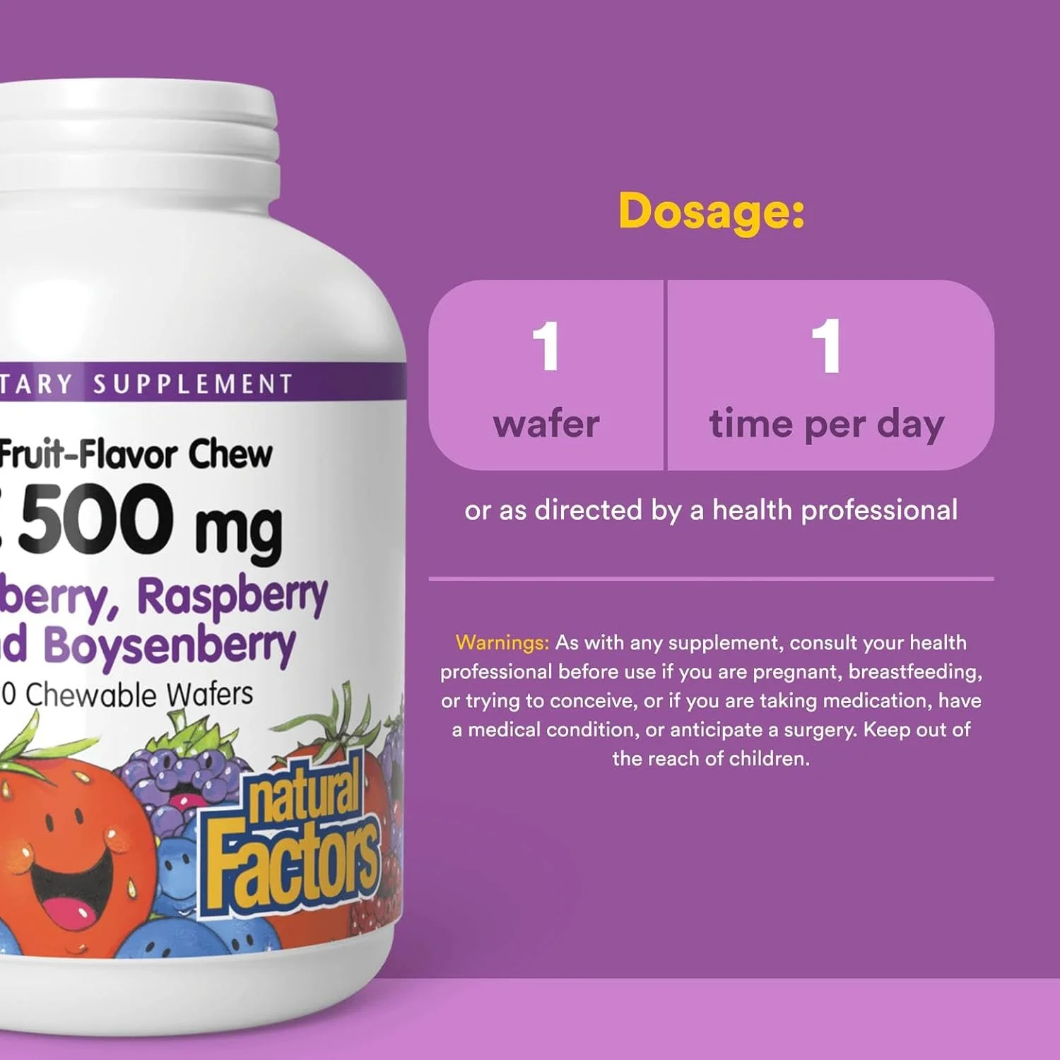 نچرال فاکتورز ویتامین C، 500 میلی گرم، بلوبری، تمشک و بویزنبری، 90 قرص جویدنی