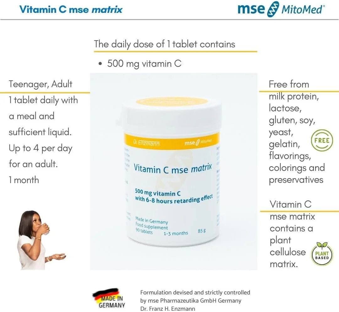 قرص های ویتامین C ماتریکس 500 میلی گرمی mse Pharmazeutika GmbH - رهش تاخیری 6 تا 8 ساعته - مکمل غذایی - پشتیبانی از سیستم ایمنی سالم - ساخت آلمان (90 قرص) قرص های ویتامین C ماتریکس 500 میلی گرمی mse Pharmazeutika GmbH - رهش تاخیری 6 تا 8 ساعته - مکمل غذایی - پشتیبانی از سیستم ایمنی سالم - ساخت آلمان (90 قرص)