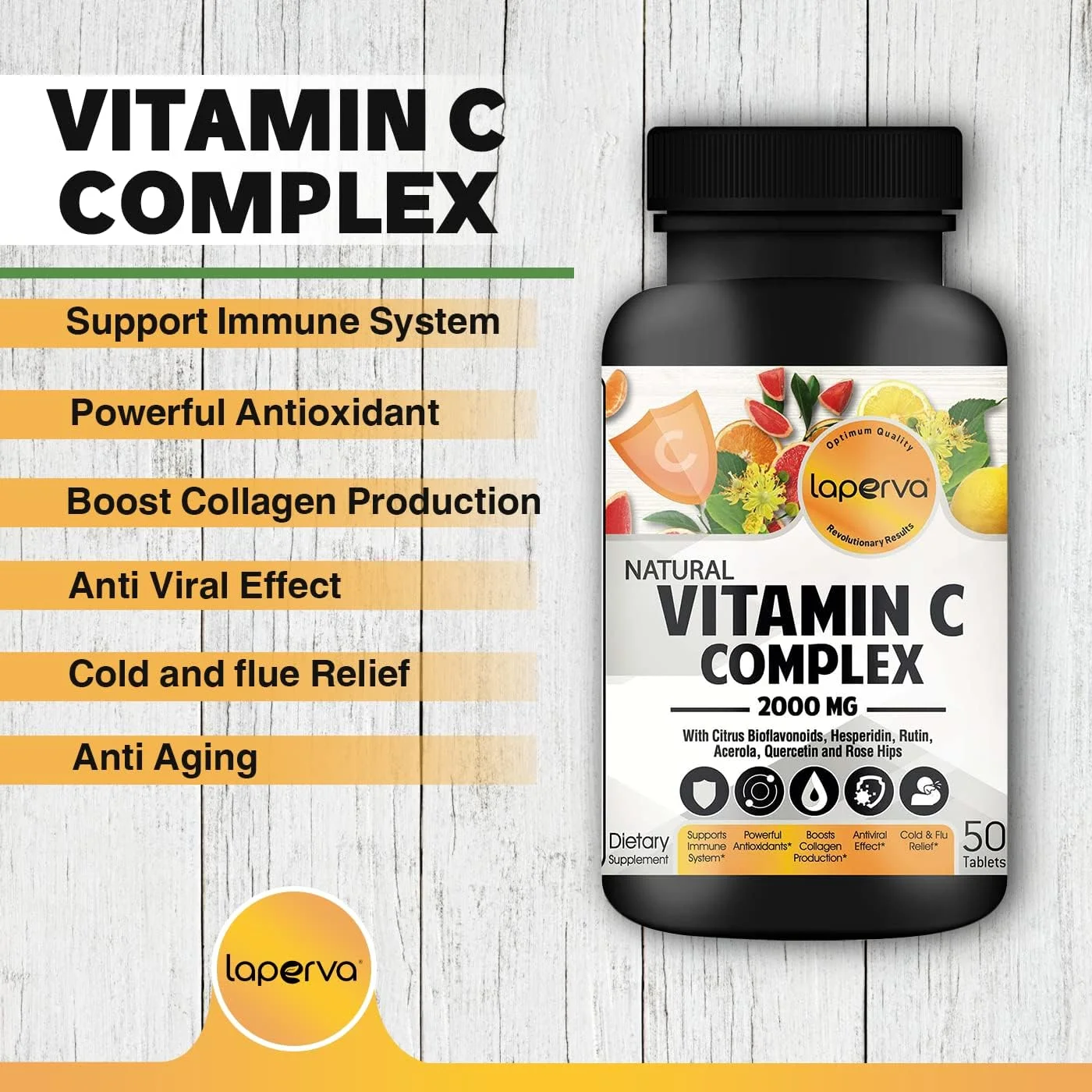 laperva Vitamin C complex | Natural Vitamin C Complex - Supports immune system, Powerful antioxidant, Boosts collagen production, Antiviral Effect, Cold & Flu Relief (50 Tablets - 2000mg)