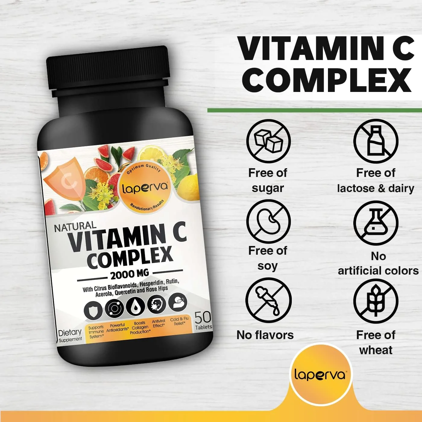 laperva Vitamin C complex | Natural Vitamin C Complex - Supports immune system, Powerful antioxidant, Boosts collagen production, Antiviral Effect, Cold & Flu Relief (50 Tablets - 2000mg)