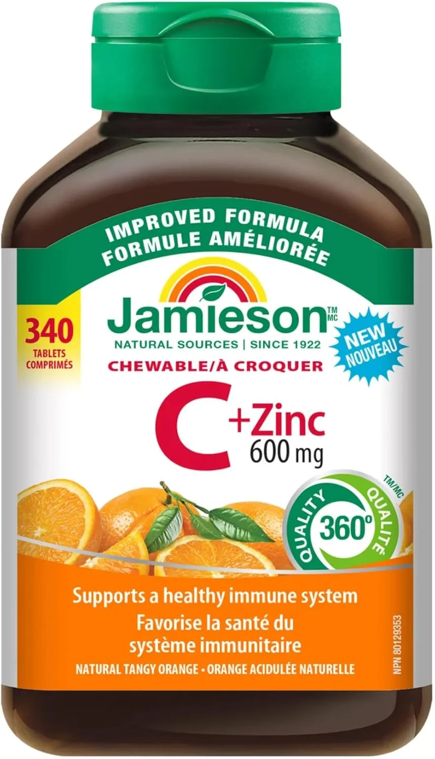 SNANA Jamieson Chewable Vitamin C + Zinc 600mg, Natural Tangy Orange, 340 Tablets SNANA Jamieson Chewable Vitamin C + Zinc 600mg, Natural Tangy Orange, 340 Tablets