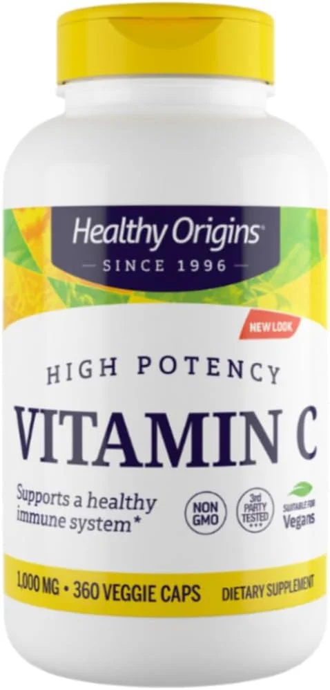 ویتامین C 1000 میلی گرم Healthy Origins - 360 کپسول گیاهی (تامین یک ساله) - مکمل ویتامین C - اسید اسکوربیک برای حمایت از سیستم ایمنی - پشتیبانی از عملکرد سلولی - مکمل بدون گلوتن و غیر GMO