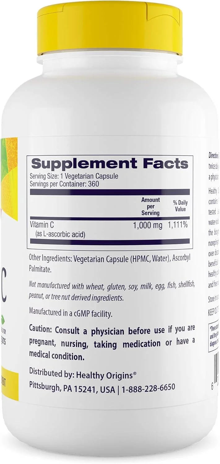 ویتامین C 1000 میلی گرم Healthy Origins - 360 کپسول گیاهی (تامین یک ساله) - مکمل ویتامین C - اسید اسکوربیک برای حمایت از سیستم ایمنی - پشتیبانی از عملکرد سلولی - مکمل بدون گلوتن و غیر GMO