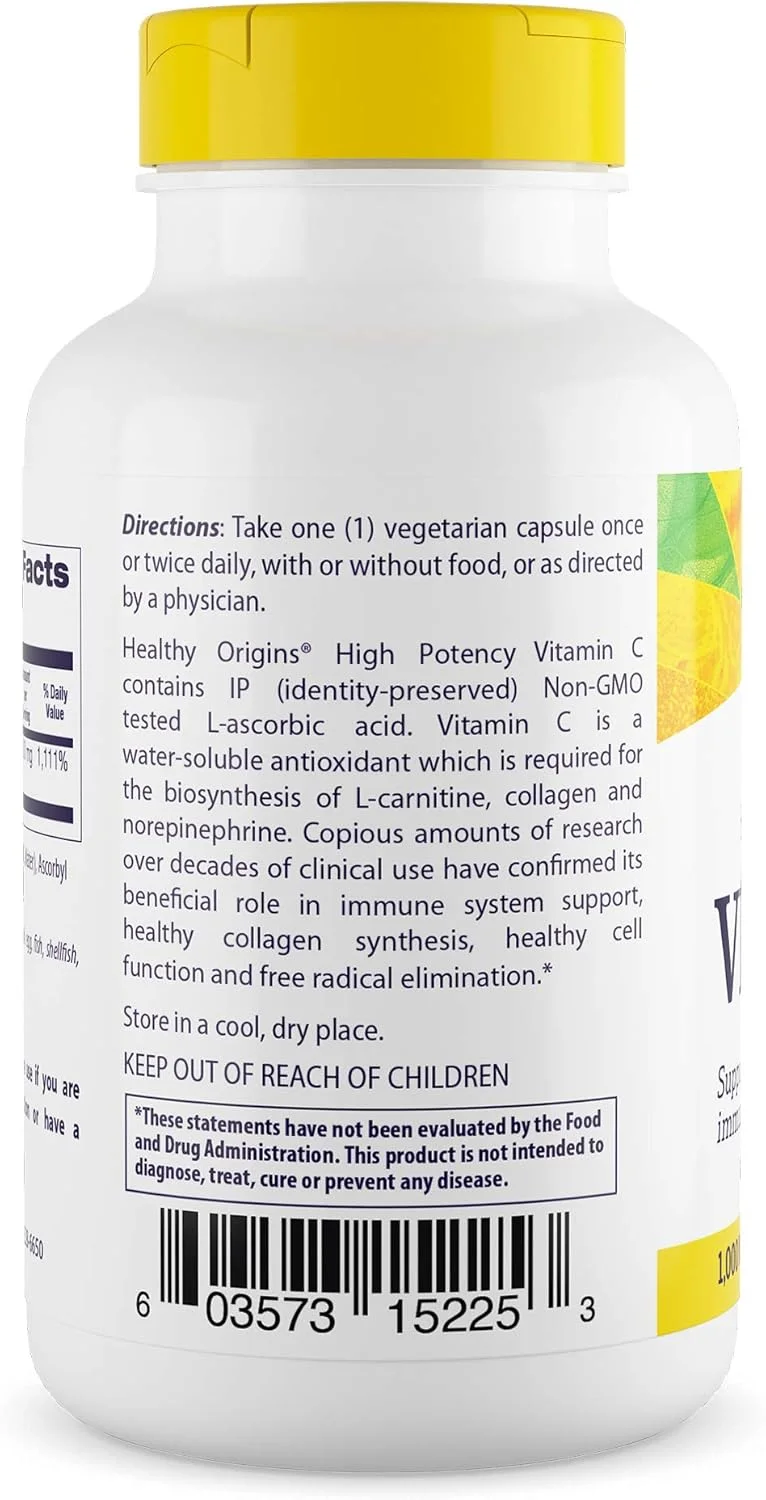 ویتامین C 1000 میلی گرم Healthy Origins - 360 کپسول گیاهی (تامین یک ساله) - مکمل ویتامین C - اسید اسکوربیک برای حمایت از سیستم ایمنی - پشتیبانی از عملکرد سلولی - مکمل بدون گلوتن و غیر GMO