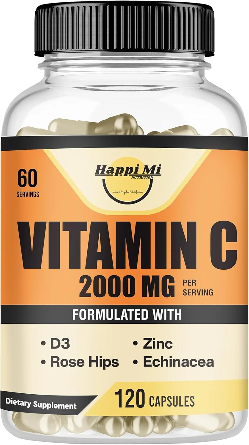 ویتامین C 2000 میلی گرم Happi Mi Nutrition، زینک 40 میلی گرم، ویتامین D3 5000 IU، عصاره اکیناسه، گل رز، تقویت کننده سیستم ایمنی برای بزرگسالان و کودکان، 120 کپسول گیاهی، تامین 60 روزه، غیر GMO، بدون مواد افزودنی