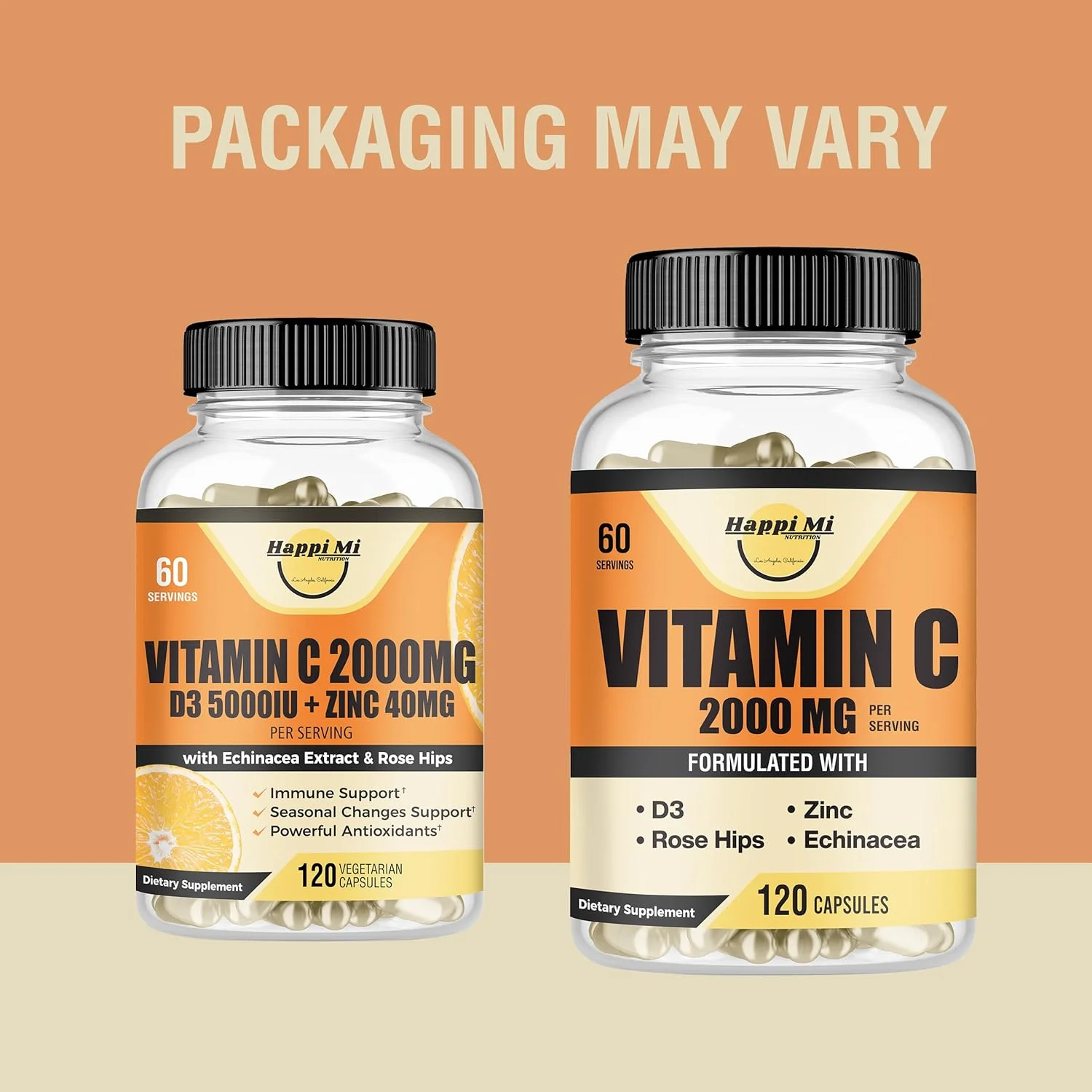 ویتامین C 2000 میلی گرم Happi Mi Nutrition، زینک 40 میلی گرم، ویتامین D3 5000 IU، عصاره اکیناسه، گل رز، تقویت کننده سیستم ایمنی برای بزرگسالان و کودکان، 120 کپسول گیاهی، تامین 60 روزه، غیر GMO، بدون مواد افزودنی
