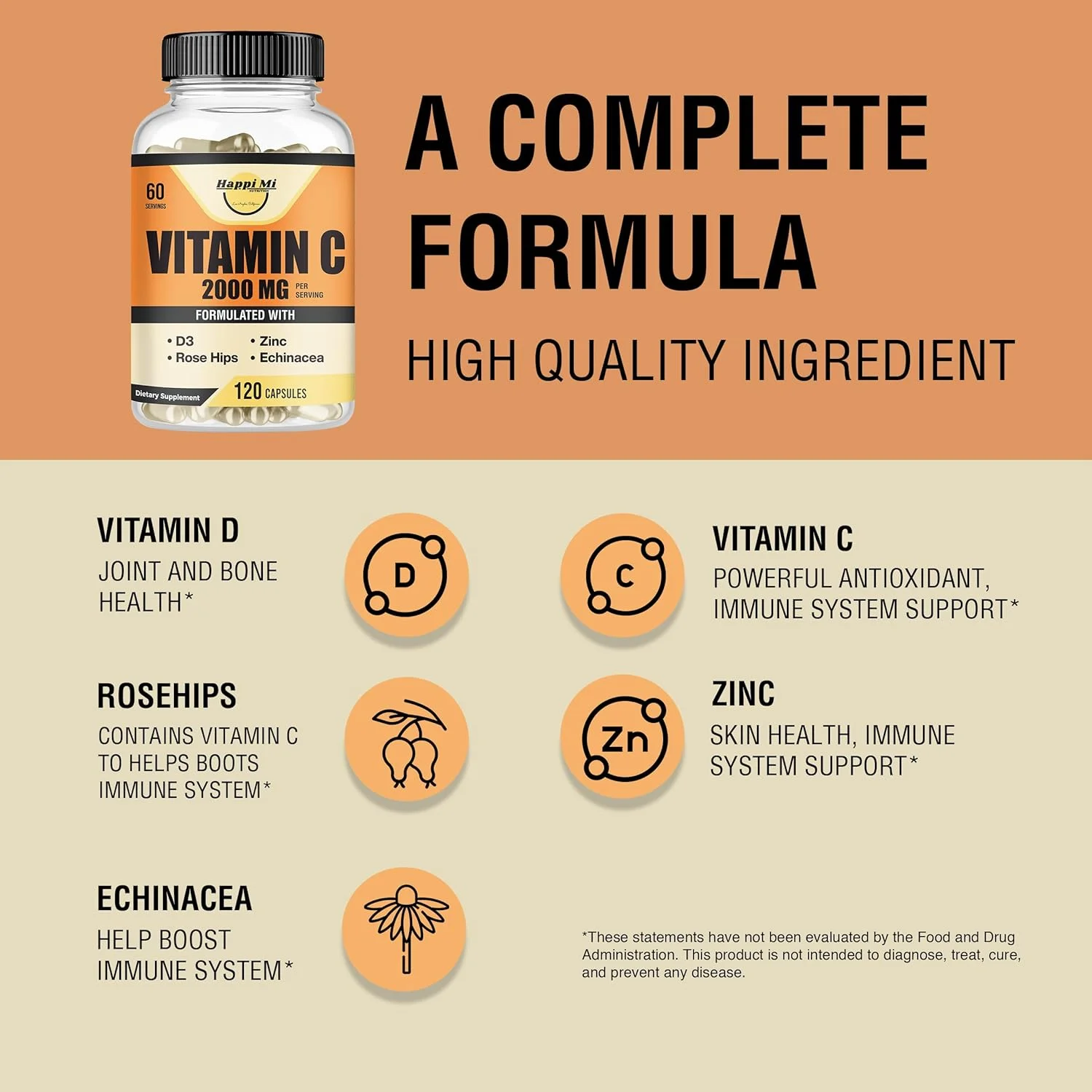 ویتامین C 2000 میلی گرم Happi Mi Nutrition، زینک 40 میلی گرم، ویتامین D3 5000 IU، عصاره اکیناسه، گل رز، تقویت کننده سیستم ایمنی برای بزرگسالان و کودکان، 120 کپسول گیاهی، تامین 60 روزه، غیر GMO، بدون مواد افزودنی