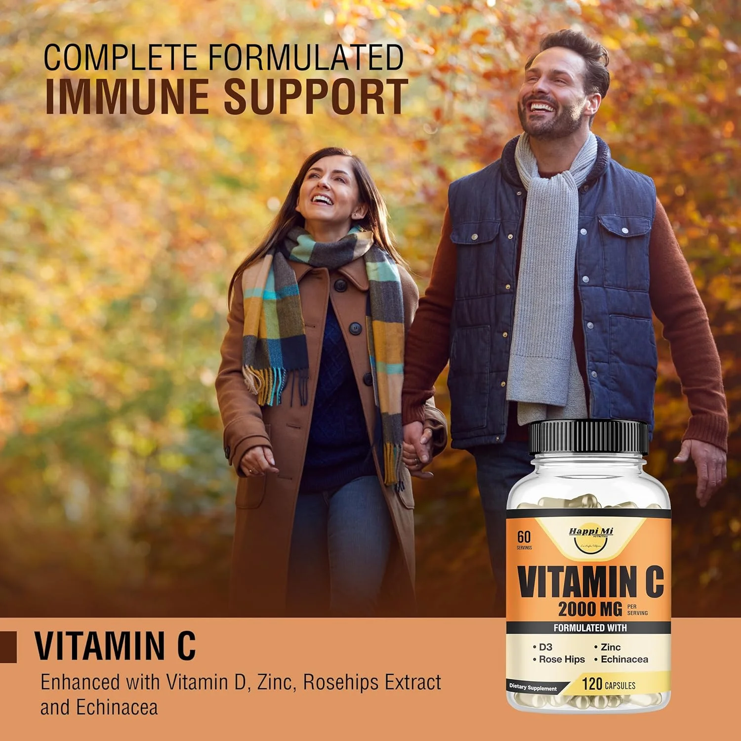 ویتامین C 2000 میلی گرم Happi Mi Nutrition، زینک 40 میلی گرم، ویتامین D3 5000 IU، عصاره اکیناسه، گل رز، تقویت کننده سیستم ایمنی برای بزرگسالان و کودکان، 120 کپسول گیاهی، تامین 60 روزه، غیر GMO، بدون مواد افزودنی