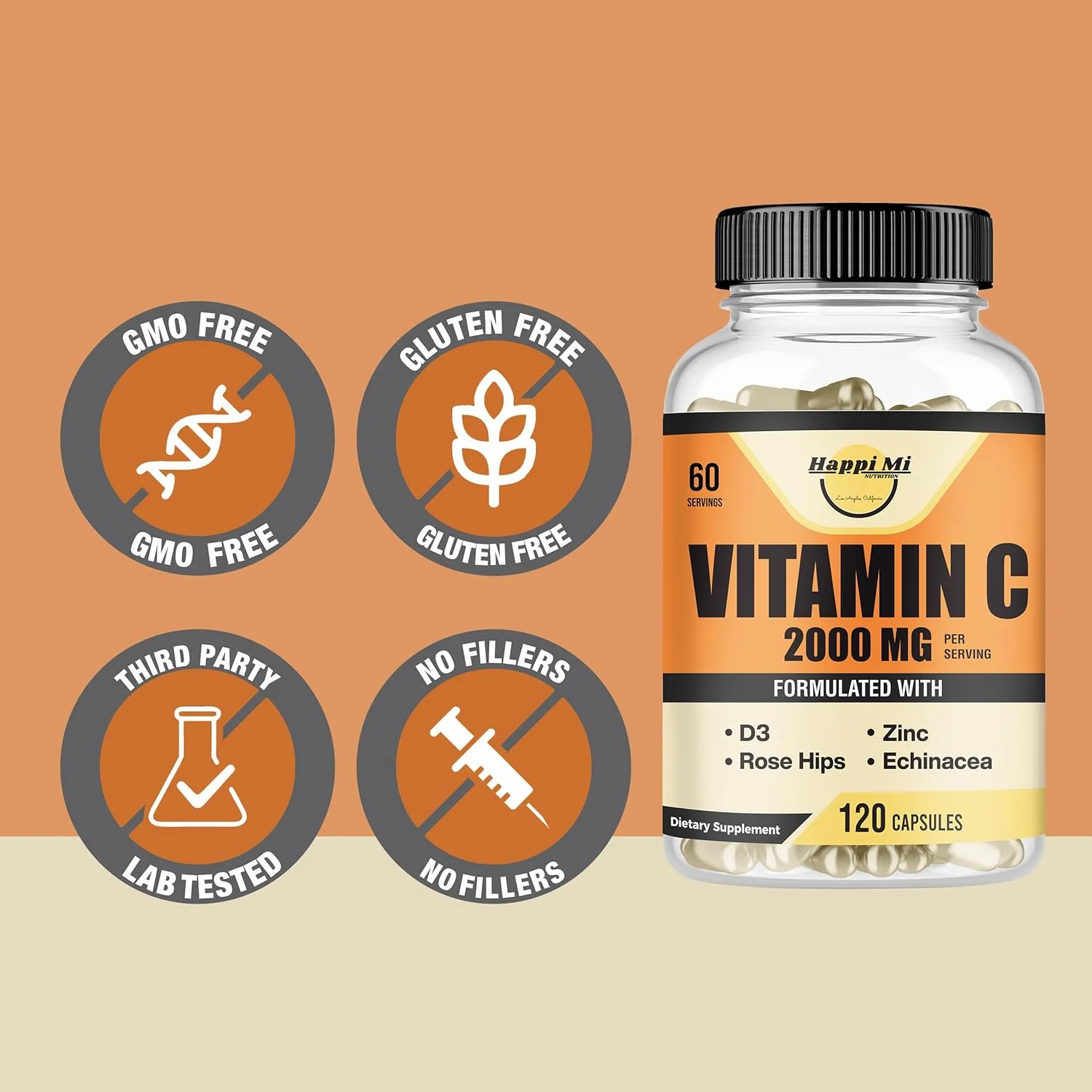 ویتامین C 2000 میلی گرم Happi Mi Nutrition، زینک 40 میلی گرم، ویتامین D3 5000 IU، عصاره اکیناسه، گل رز، تقویت کننده سیستم ایمنی برای بزرگسالان و کودکان، 120 کپسول گیاهی، تامین 60 روزه، غیر GMO، بدون مواد افزودنی