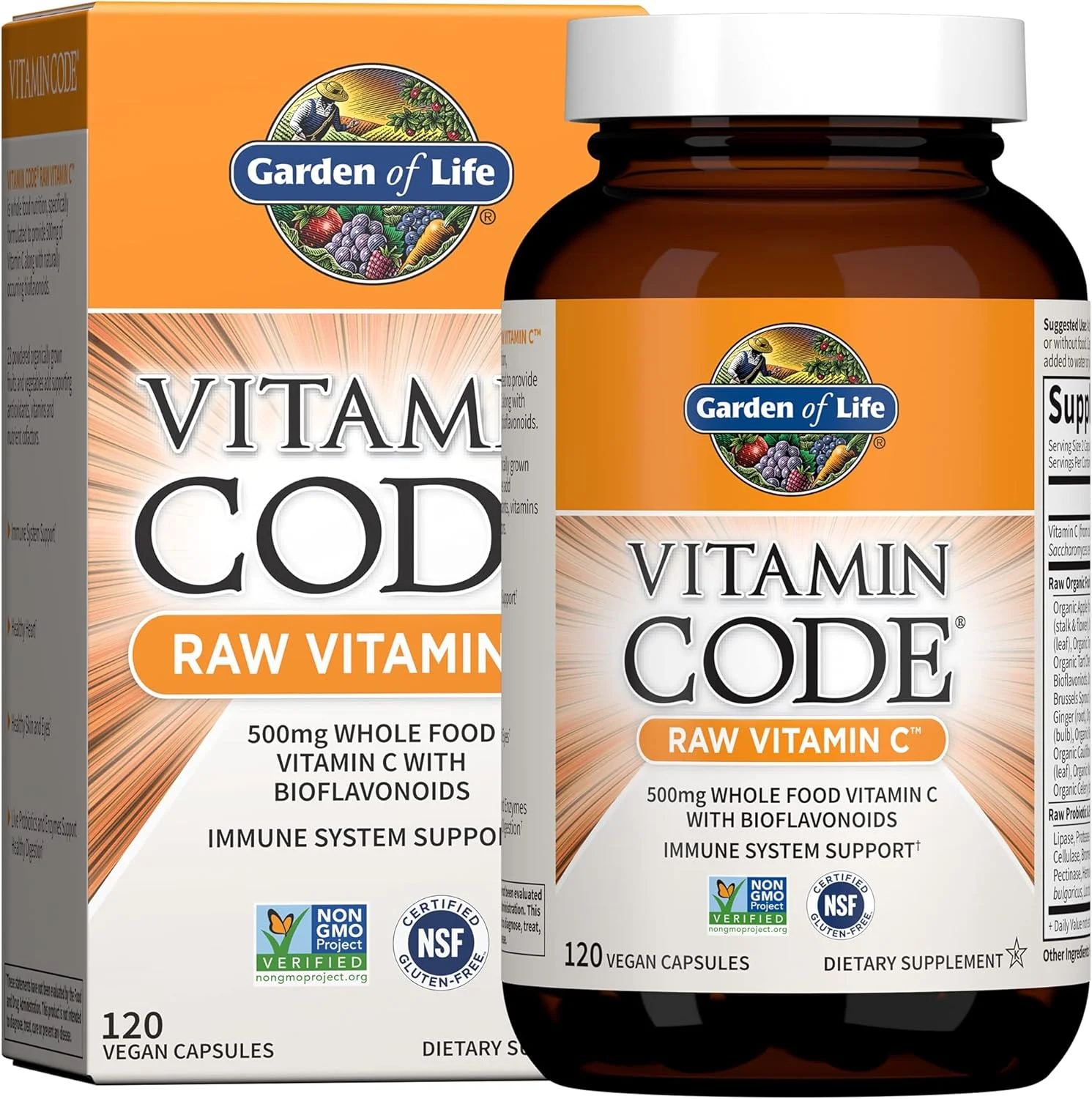 ویتامین C گاردن آف لایف - ویتامین C خام Vitamin Code - 120 کپسول گیاهی، 500 میلی گرم ویتامین C غذایی کامل با بیوفلاونوئیدها، میوه ها و سبزیجات، پروبیوتیک ها، مکمل های ویتامین C بدون گلوتن برای بزرگسالان