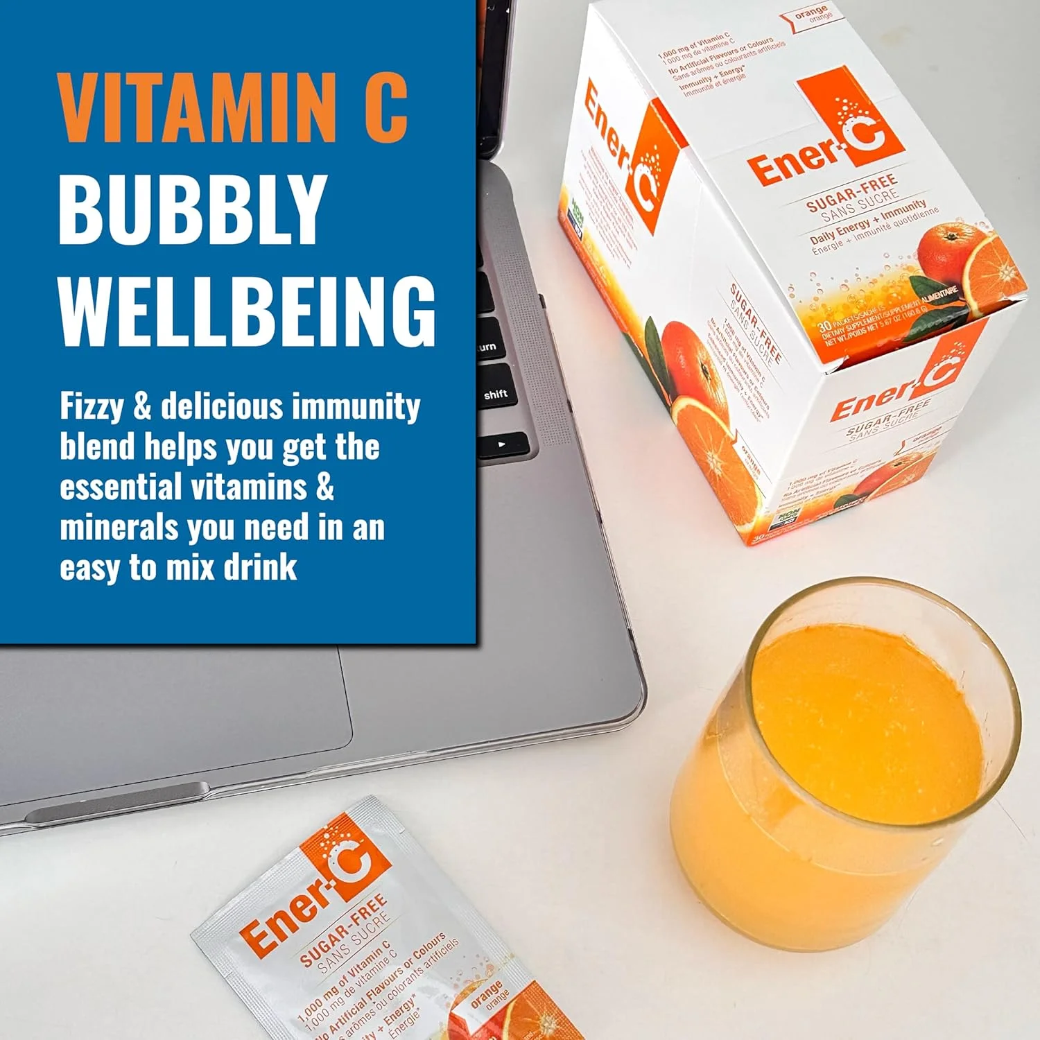 مخلوط نوشیدنی مولتی ویتامین انرژی پرتقال بدون شکر Ener-C، ویتامین C 1000 میلی گرم و الکترولیت ها - پشتیبانی طبیعی از ایمنی با پودرهای آب میوه واقعی، غیر GMO، وگان و بدون گلوتن - 30 عدد