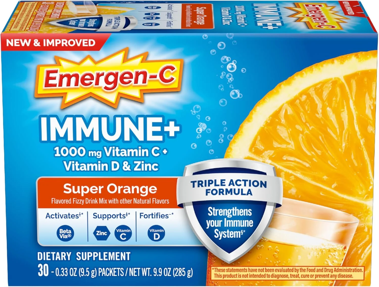 پودر ویتامین C 1000 میلی گرمی Emergen-C Immune+، حاوی ویتامین D، روی، آنتی اکسیدان ها و الکترولیت ها برای ایمنی، مکمل غذایی برای حمایت از سیستم ایمنی، طعم پرتقال فوق العاده - 30 عدد/ تامین یک ماهه