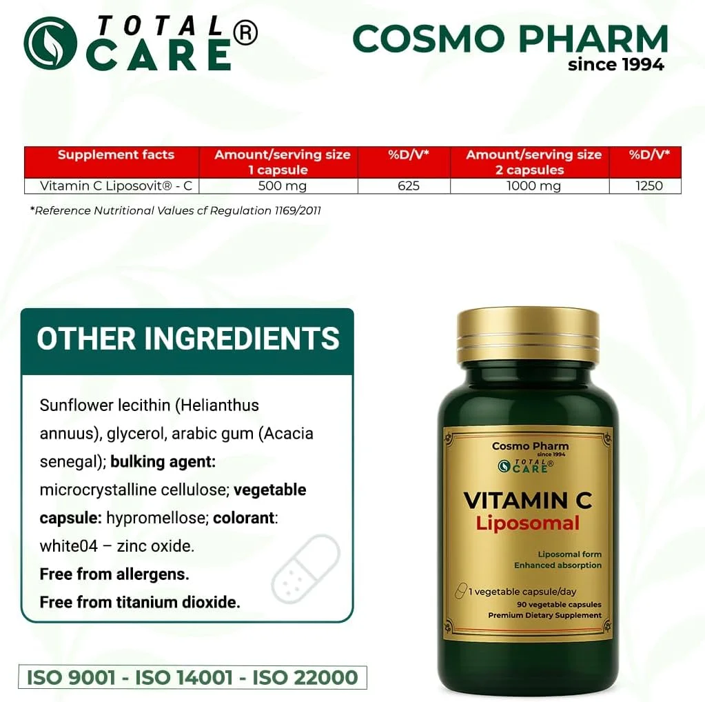 کپسول ویتامین C لیپوزومال 500 میلی گرمی COSMO PHARM - جذب بالا، ملایم بر روی دستگاه گوارش - تقویت سیستم ایمنی و افزایش آنتی اکسیدان، 90 کپسول گیاهی کپسول ویتامین C لیپوزومال 500 میلی گرمی COSMO PHARM - جذب بالا، ملایم بر روی دستگاه گوارش - تقویت سیستم ایمنی و افزایش آنتی اکسیدان، 90 کپسول گیاهی