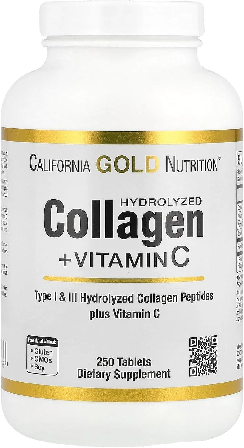 کالیفرنیا گلد Nutrition، پپتیدهای کلاژن هیدرولیز شده، نوع I و III، و ویتامین C، 250 قرص