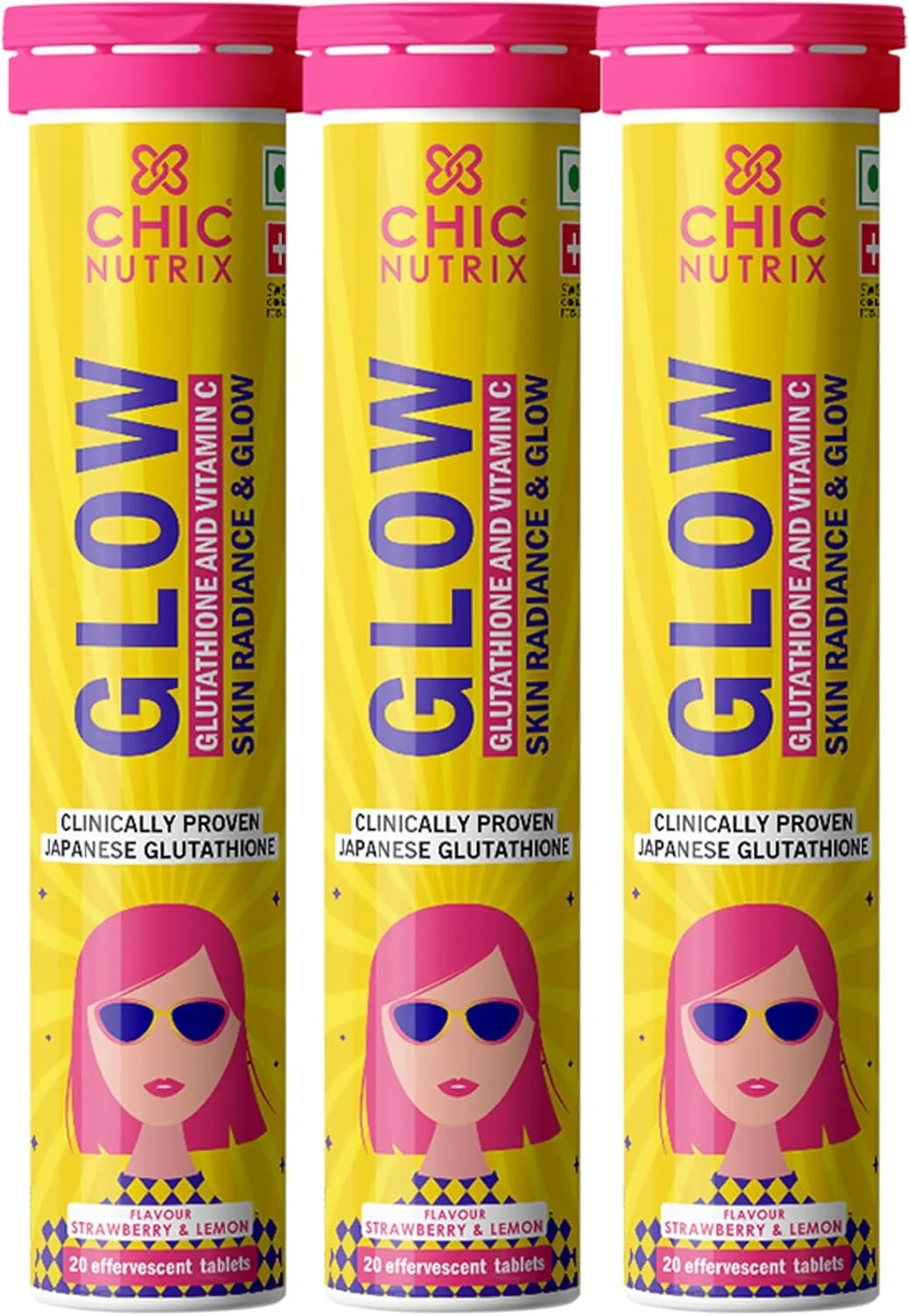 قرص جوشان گلوتاتیون Chicnutrix Glow با ویتامین C | گلوتاتیون ژاپنی 1000 میلی گرم برای پوست درخشان، یکدست و شفاف | بدون شکر | طعم توت فرنگی لیمو، 20 عدد (بسته 3 عددی)