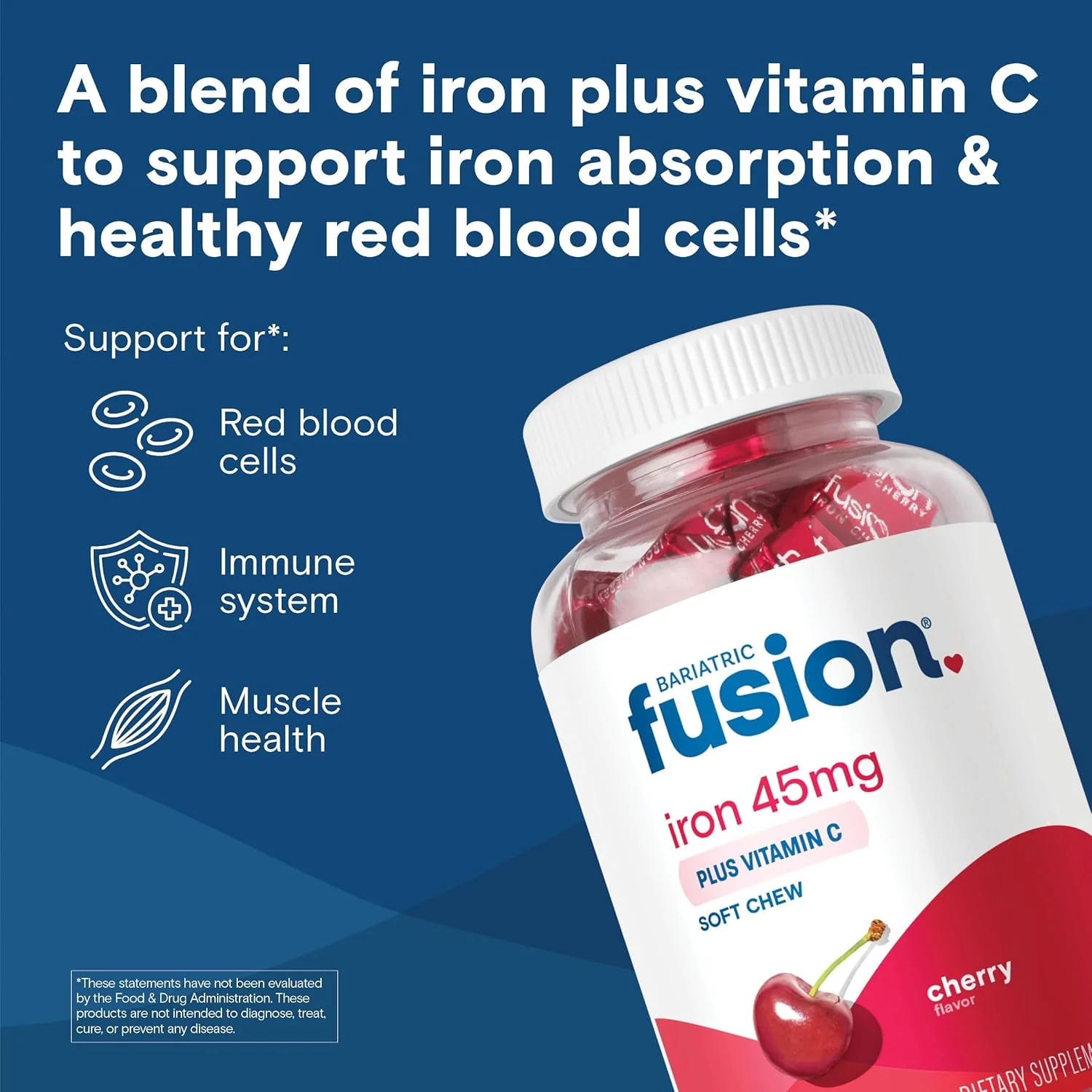 Bariatric Fusion Iron Soft Chew with Vitamin C | Cherry Flavored | Chewy Vitamin for Bariatric Patients | Gluten Free | Iron Supplement for Women and Men | 60 Count | 2 Month Supply