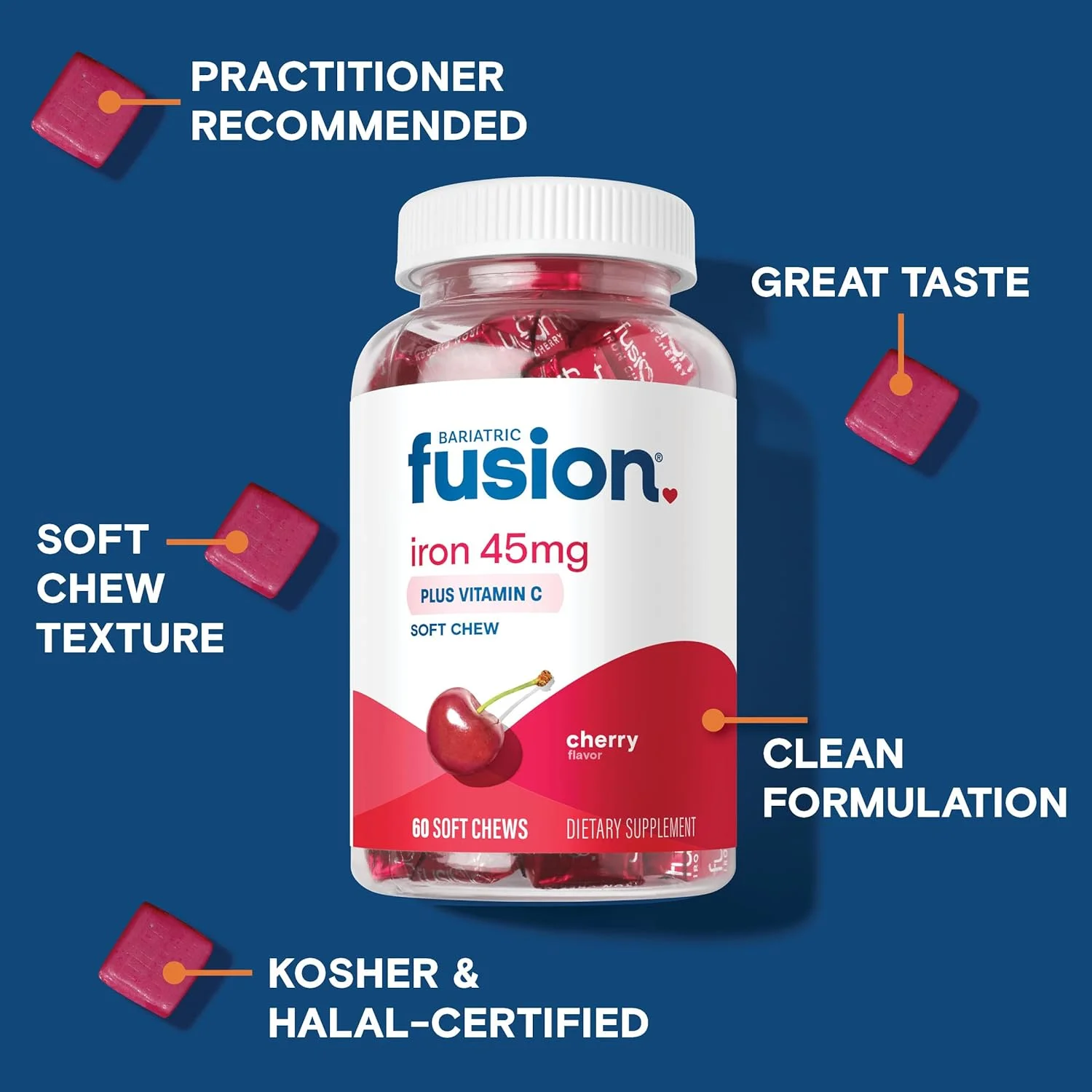 Bariatric Fusion Iron Soft Chew with Vitamin C | Cherry Flavored | Chewy Vitamin for Bariatric Patients | Gluten Free | Iron Supplement for Women and Men | 60 Count | 2 Month Supply Bariatric Fusion Iron Soft Chew with Vitamin C | Cherry Flavored | Chewy Vitamin for Bariatric Patients | Gluten Free | Iron Supplement for Women and Men | 60 Count | 2 Month Supply