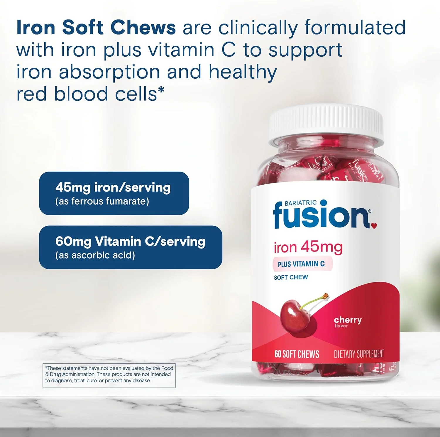 Bariatric Fusion Iron Soft Chew with Vitamin C | Cherry Flavored | Chewy Vitamin for Bariatric Patients | Gluten Free | Iron Supplement for Women and Men | 60 Count | 2 Month Supply Bariatric Fusion Iron Soft Chew with Vitamin C | Cherry Flavored | Chewy Vitamin for Bariatric Patients | Gluten Free | Iron Supplement for Women and Men | 60 Count | 2 Month Supply