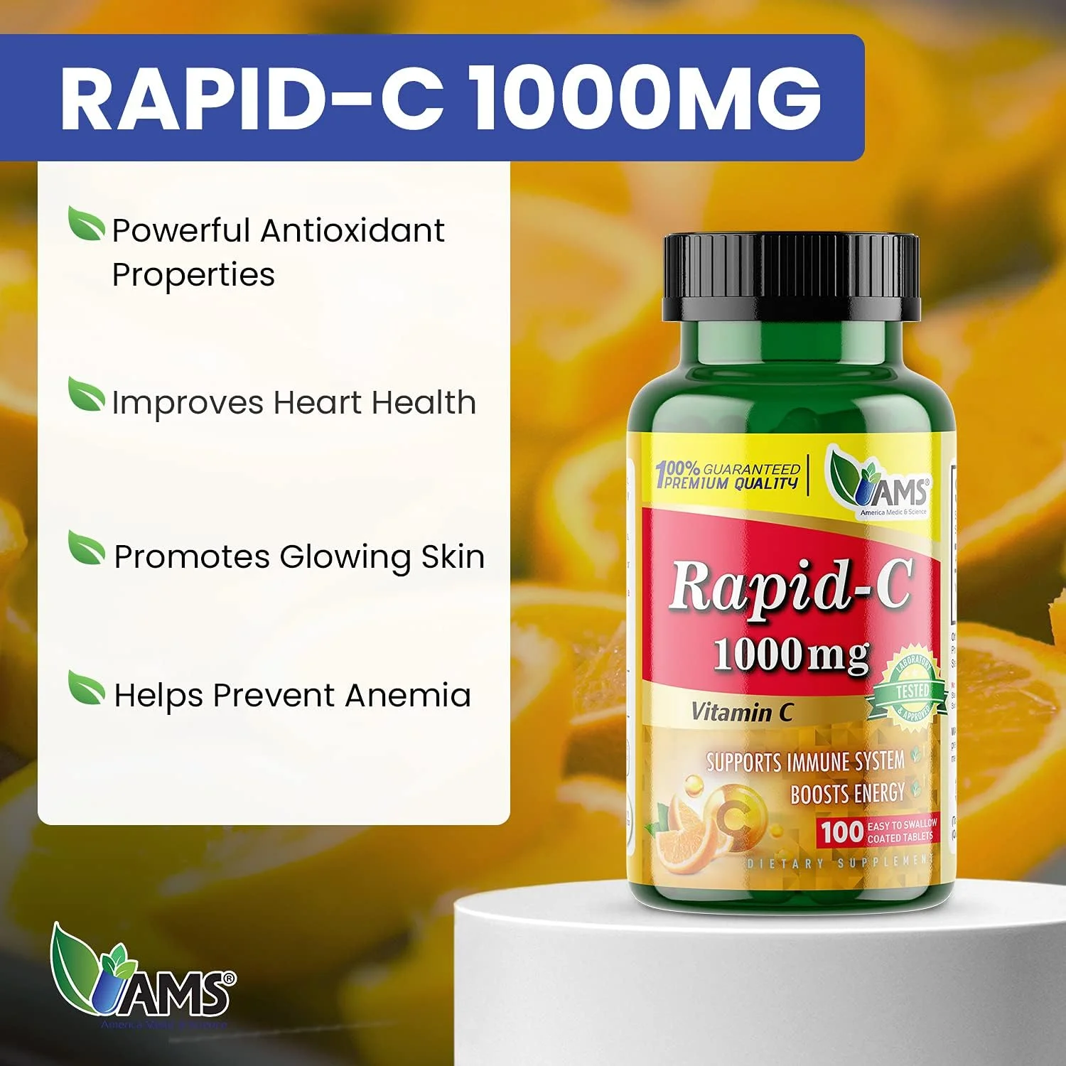 America Medic & Science Rapid-C 1000mg Vitamin C Supplement (1 Pack of 100 Tablets) Energy Booster, Daily Immune System Support, Antioxidant | Vegan, Non-GMO Coated Ascorbic Acid for Adult Men & Women America Medic & Science Rapid-C 1000mg Vitamin C Supplement (1 Pack of 100 Tablets) Energy Booster, Daily Immune System Support, Antioxidant | Vegan, Non-GMO Coated Ascorbic Acid for Adult Men & Women