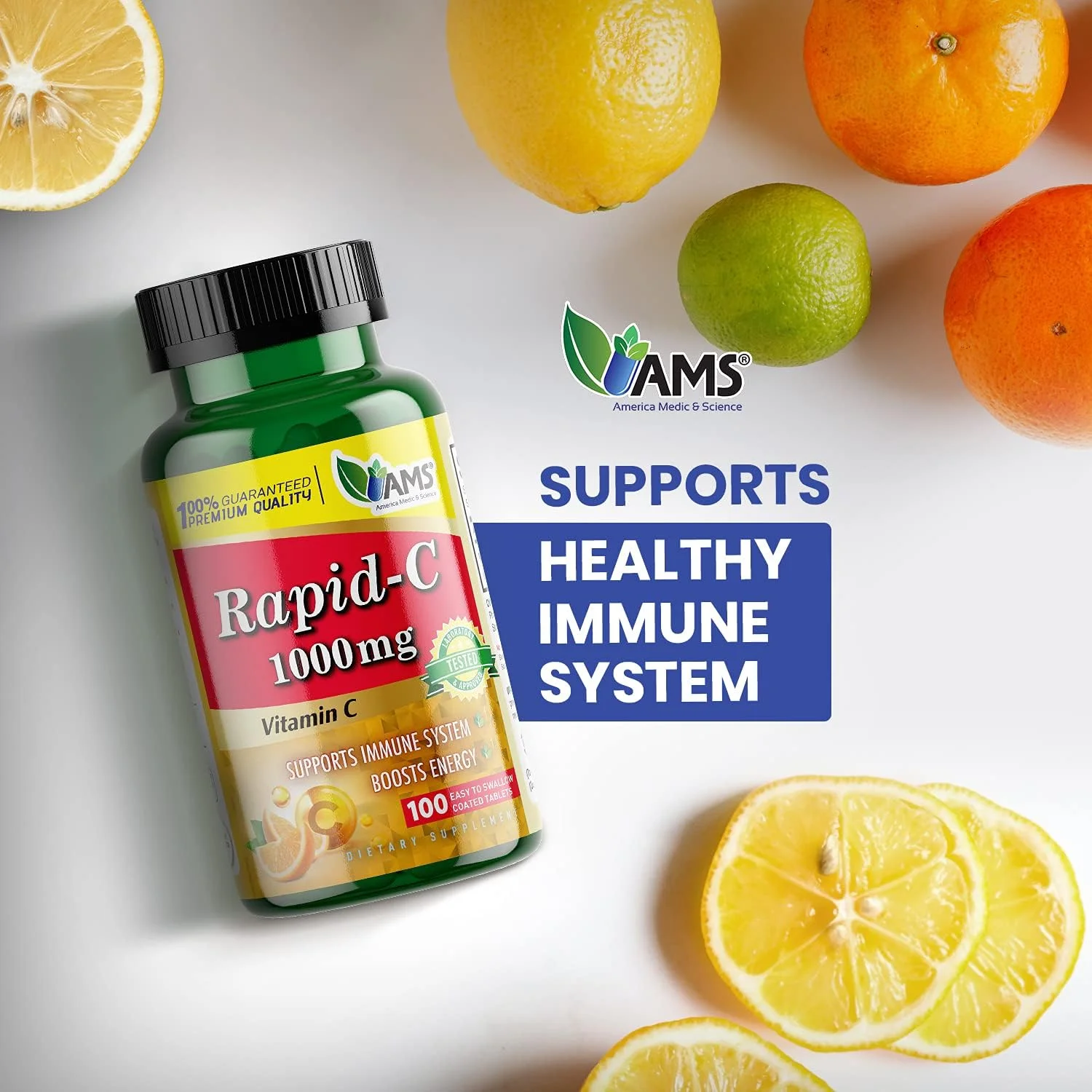 America Medic & Science Rapid-C 1000mg Vitamin C Supplement (1 Pack of 100 Tablets) Energy Booster, Daily Immune System Support, Antioxidant | Vegan, Non-GMO Coated Ascorbic Acid for Adult Men & Women America Medic & Science Rapid-C 1000mg Vitamin C Supplement (1 Pack of 100 Tablets) Energy Booster, Daily Immune System Support, Antioxidant | Vegan, Non-GMO Coated Ascorbic Acid for Adult Men & Women