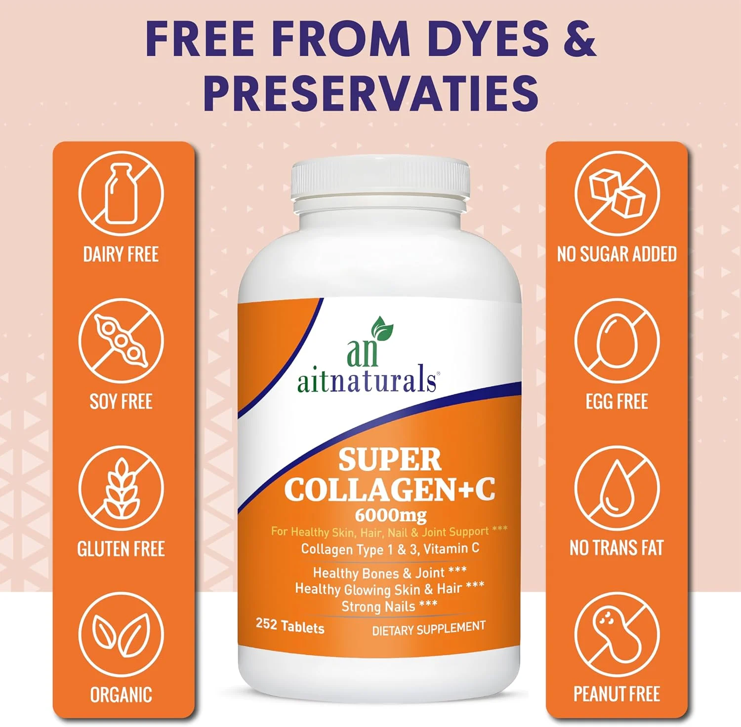 Aitnaturals Super Collagen with Vitamin C (6000mg) - 252 Tablets | Grass-fed Hydrolyzed Bovine Collagen Type I & III for Hair, Skin, Nails, Bones & Joints Support | Non-GMO, Gluten-Free, Halal Aitnaturals Super Collagen with Vitamin C (6000mg) - 252 Tablets | Grass-fed Hydrolyzed Bovine Collagen Type I & III for Hair, Skin, Nails, Bones & Joints Support | Non-GMO, Gluten-Free, Halal